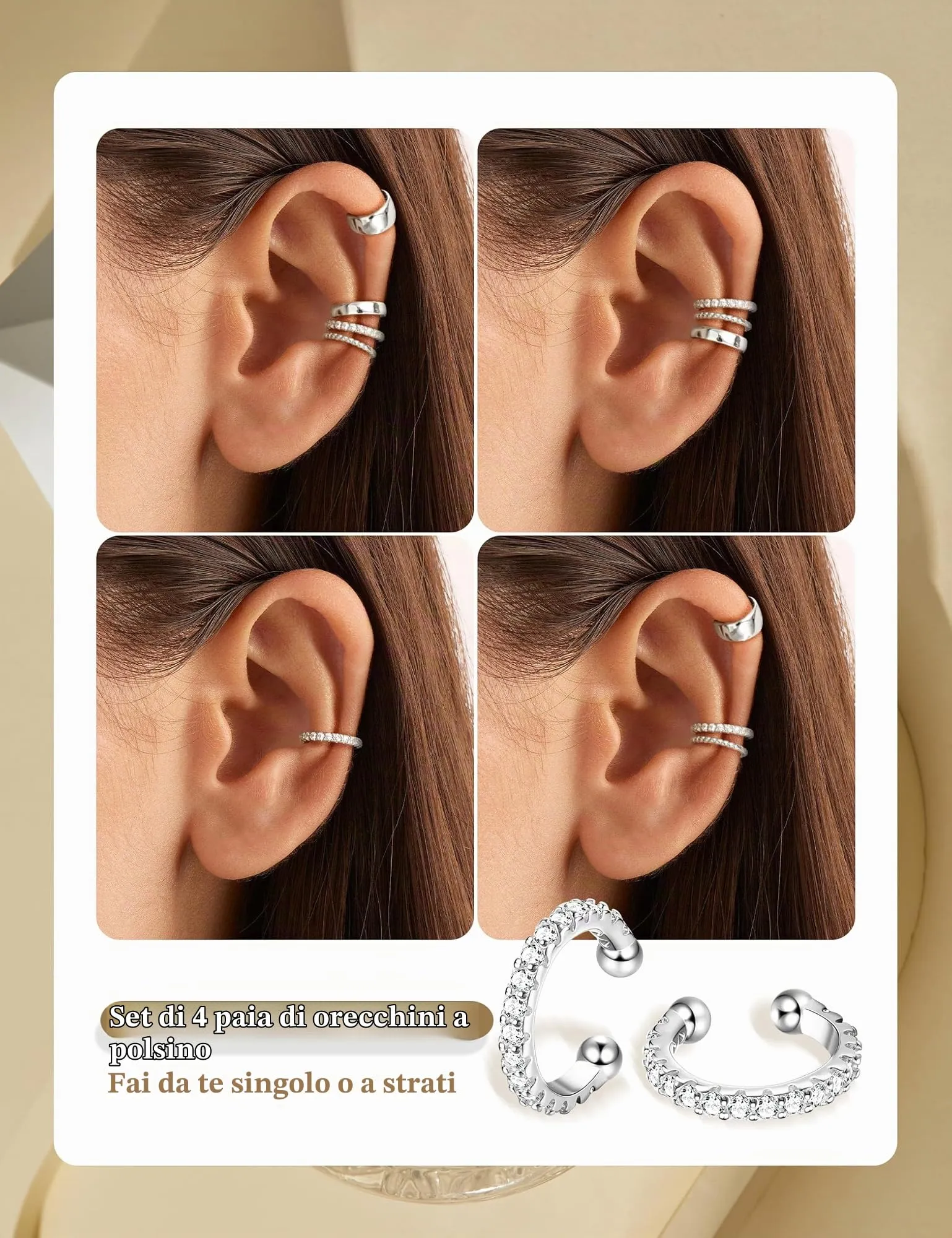 ADRAMATA 4 Paia Ear Cuff Orecchini Senza Buco Donna, Regolabili in Oro 14K e Argento, Ipoallergenici per Cartilagine con Custodia Regalo - immagine 3