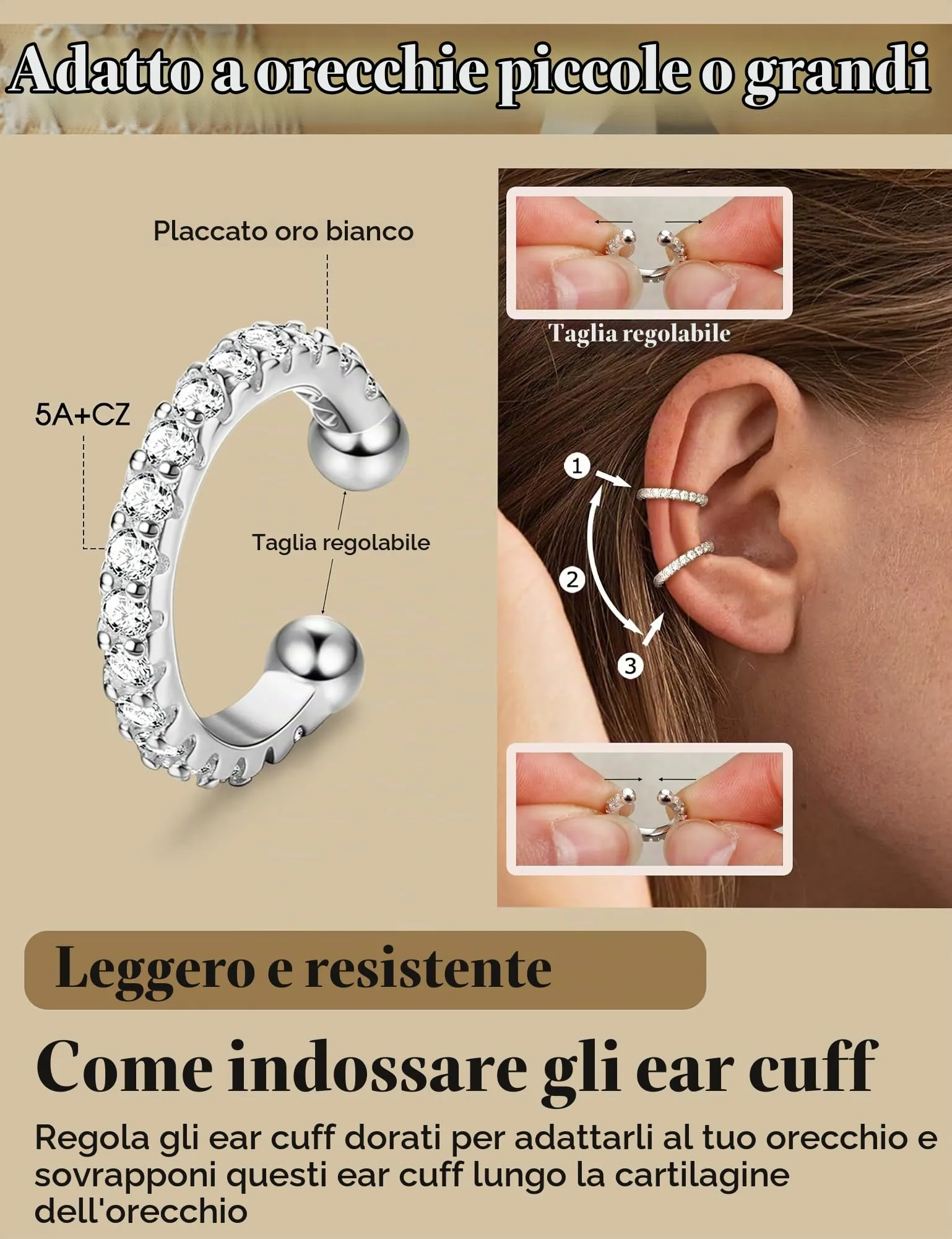 ADRAMATA 4 Paia Ear Cuff Orecchini Senza Buco Donna, Regolabili in Oro 14K e Argento, Ipoallergenici per Cartilagine con Custodia Regalo - immagine 5