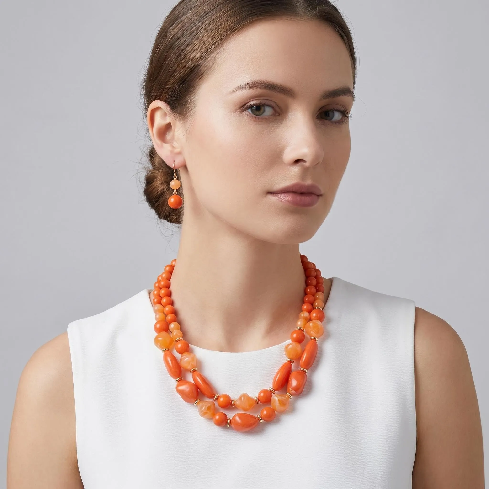 IMINI Set Collana Girocollo a Bavaglino e Orecchini a Gancio in Perline Acriliche, Stile Boemia (Arancia) - immagine 2