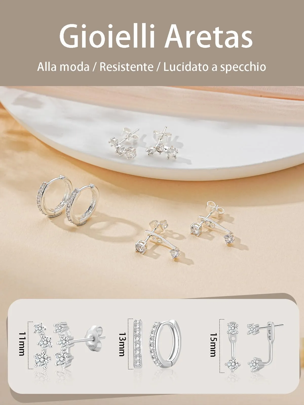 Aretas Set di 3 Paia di Orecchini a Cerchio in Argento Sterling 925 per Donna - immagine 4