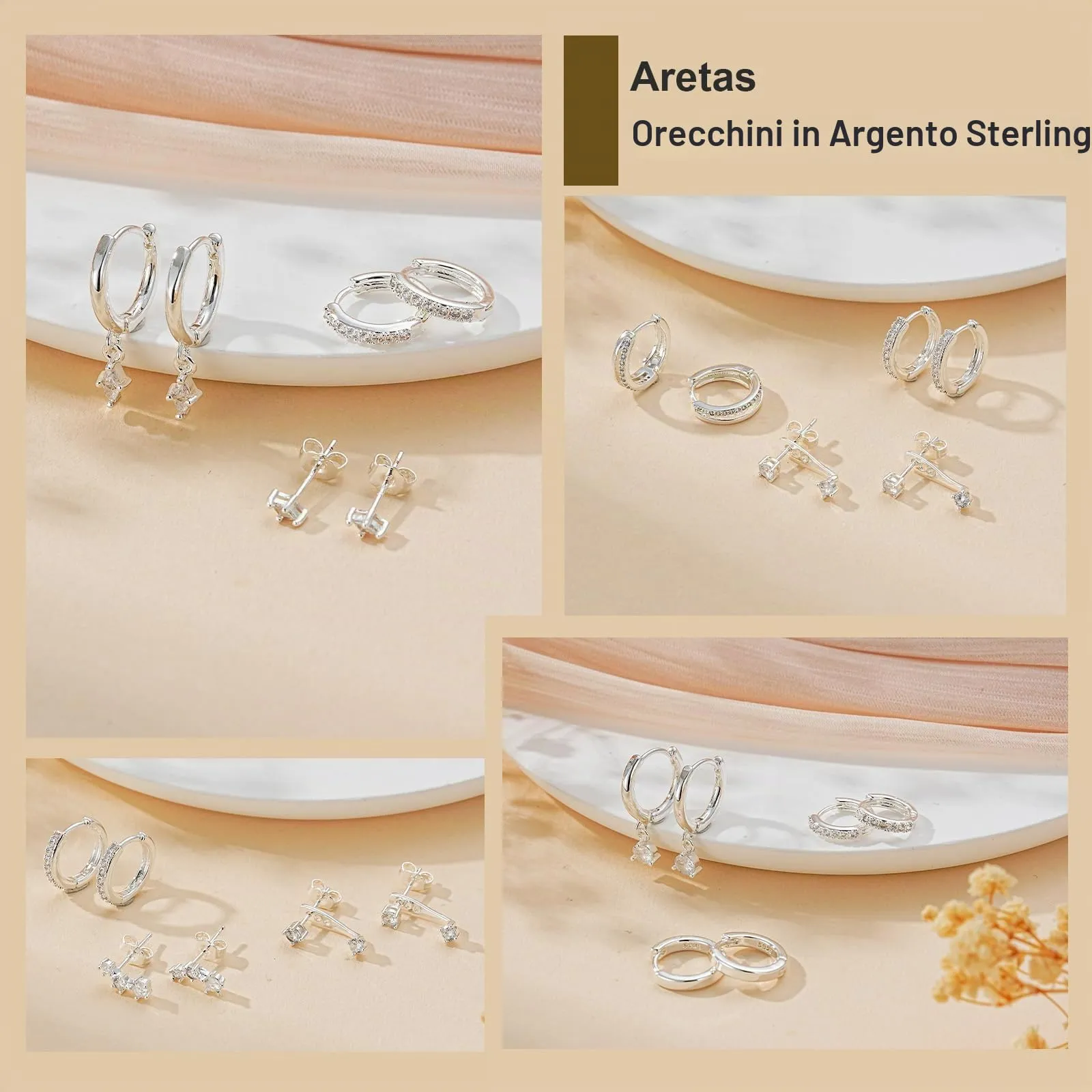 Aretas Set di 3 Paia di Orecchini a Cerchio in Argento Sterling 925 per Donna - immagine 6