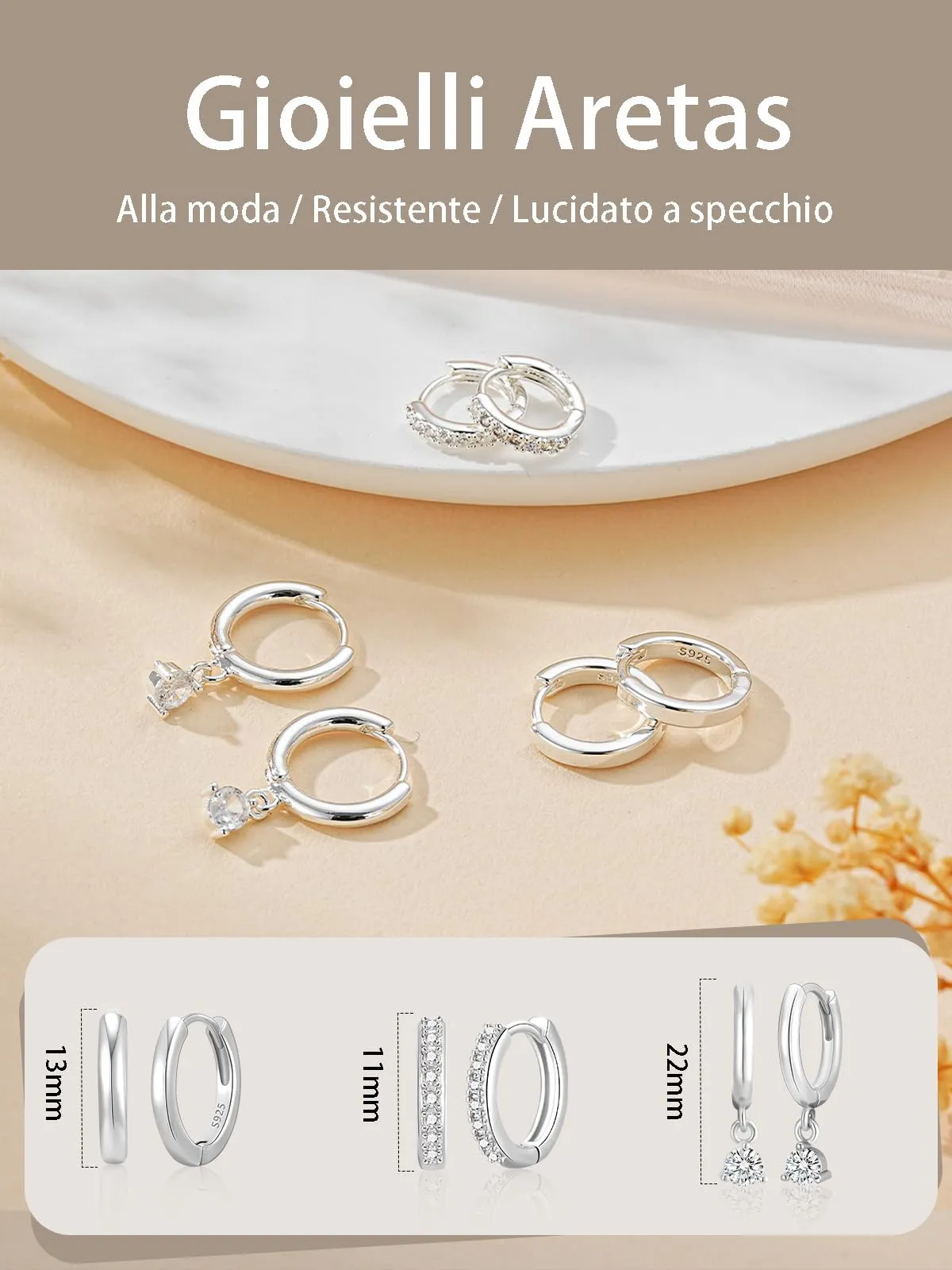 Aretas Set di 3 Paia di Orecchini a Cerchio Piccoli in Argento Sterling 925 per Donna - immagine 4