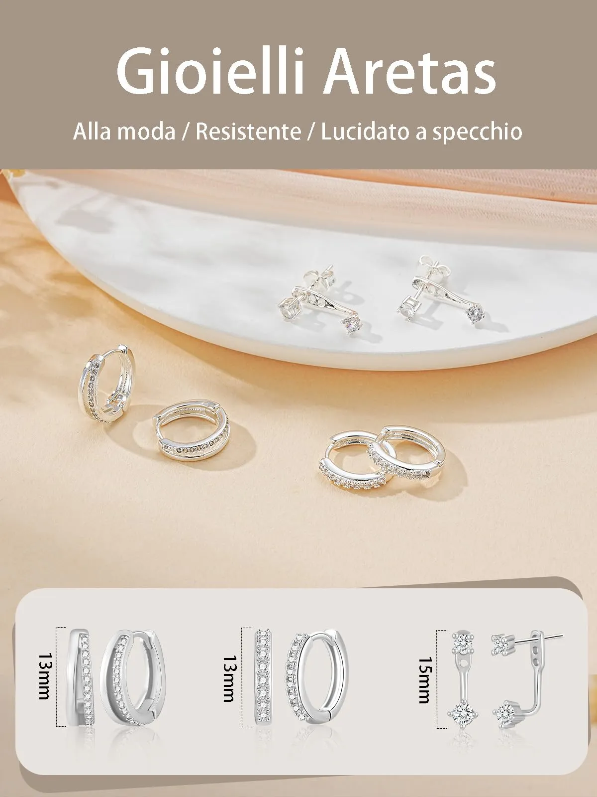 Aretas Set di 3 Paia di Orecchini a Cerchio Piccoli in Argento Sterling 925 per Donna - immagine 4