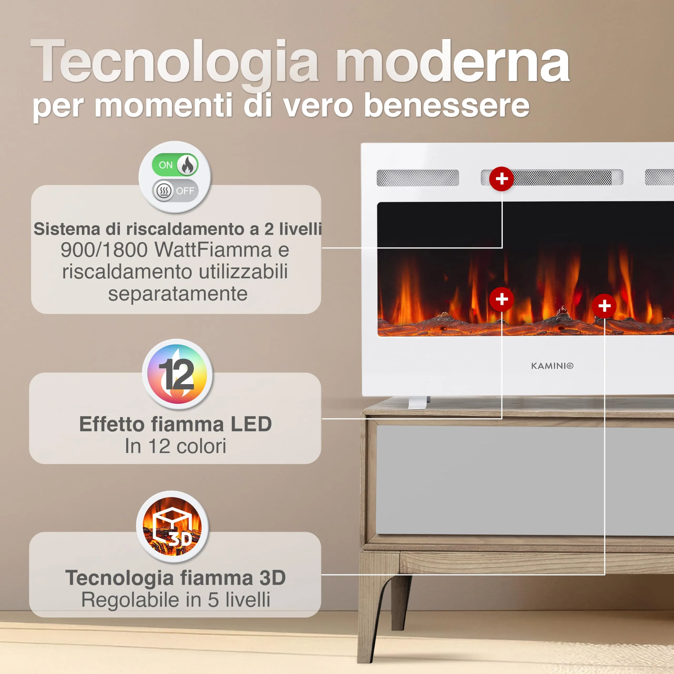 KAMINIO Marlon PRO 30 Camino elettrico da incasso, parete o appoggio - immagine 3