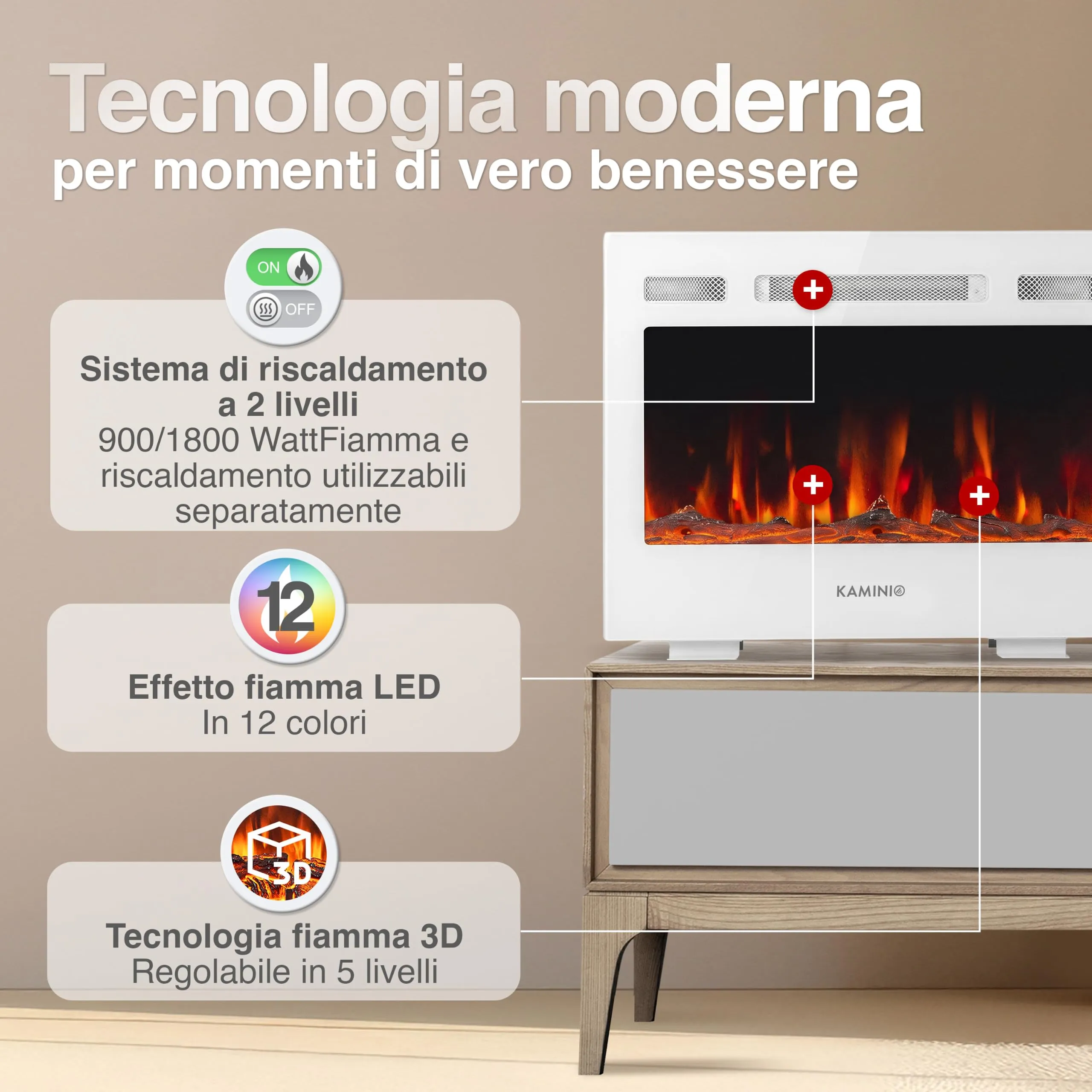 KAMINIO Marlon PRO 24 Camino elettrico da incasso, parete o appoggio - immagine 3