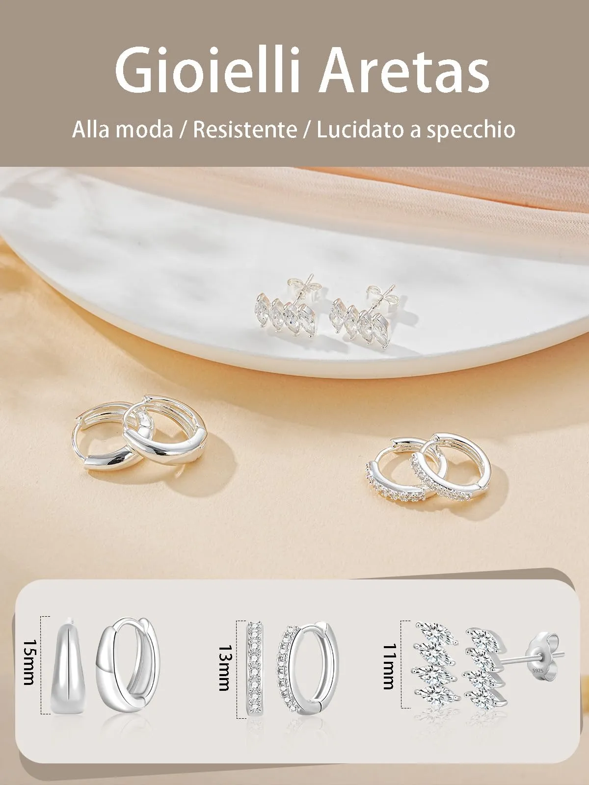 Aretas Set di 3 Paia di Orecchini a Cerchio Piccoli in Argento Sterling 925 per Donna - immagine 4