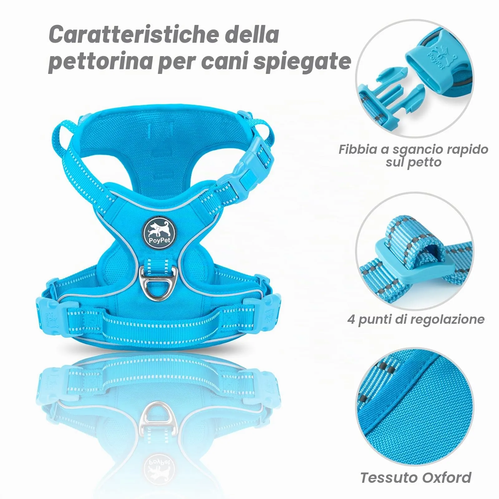 PoyPet Pettorina per cani anti-tiro riflettente regolabile e imbottita, blu cielo, S - immagine 8