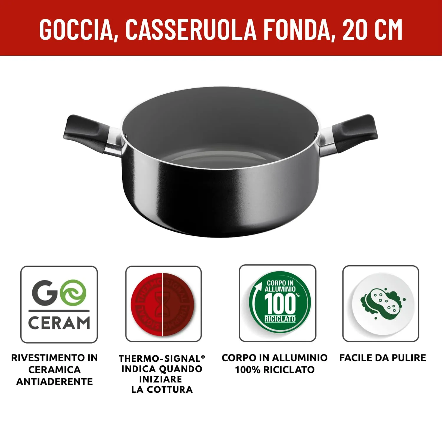 Lagostina Goccia Casseruola Fonda 20 cm, Rivestimento in Ceramica Antiaderente, Thermo-Signal, Compatibile con Induzione - immagine 2
