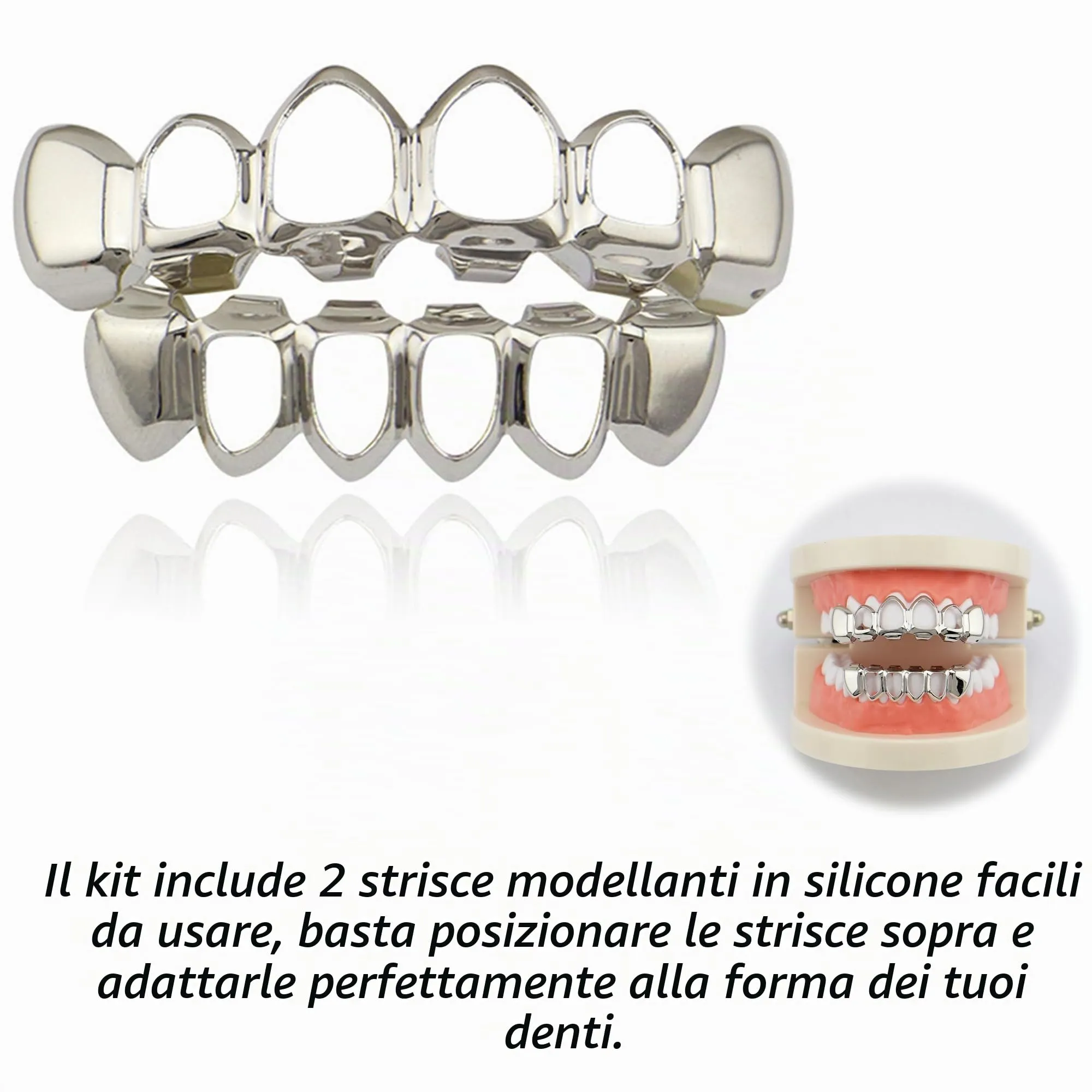 LONGHAO Set di Denti Hip Hop Griglia, 2 Stampi in Silicone, Argento - immagine 3