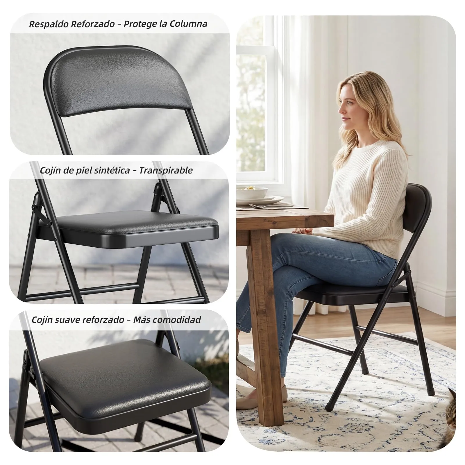 Asdsed Set di 4 Sedie Pieghevoli Imbottite, Portata 160 kg, Nero - immagine 4