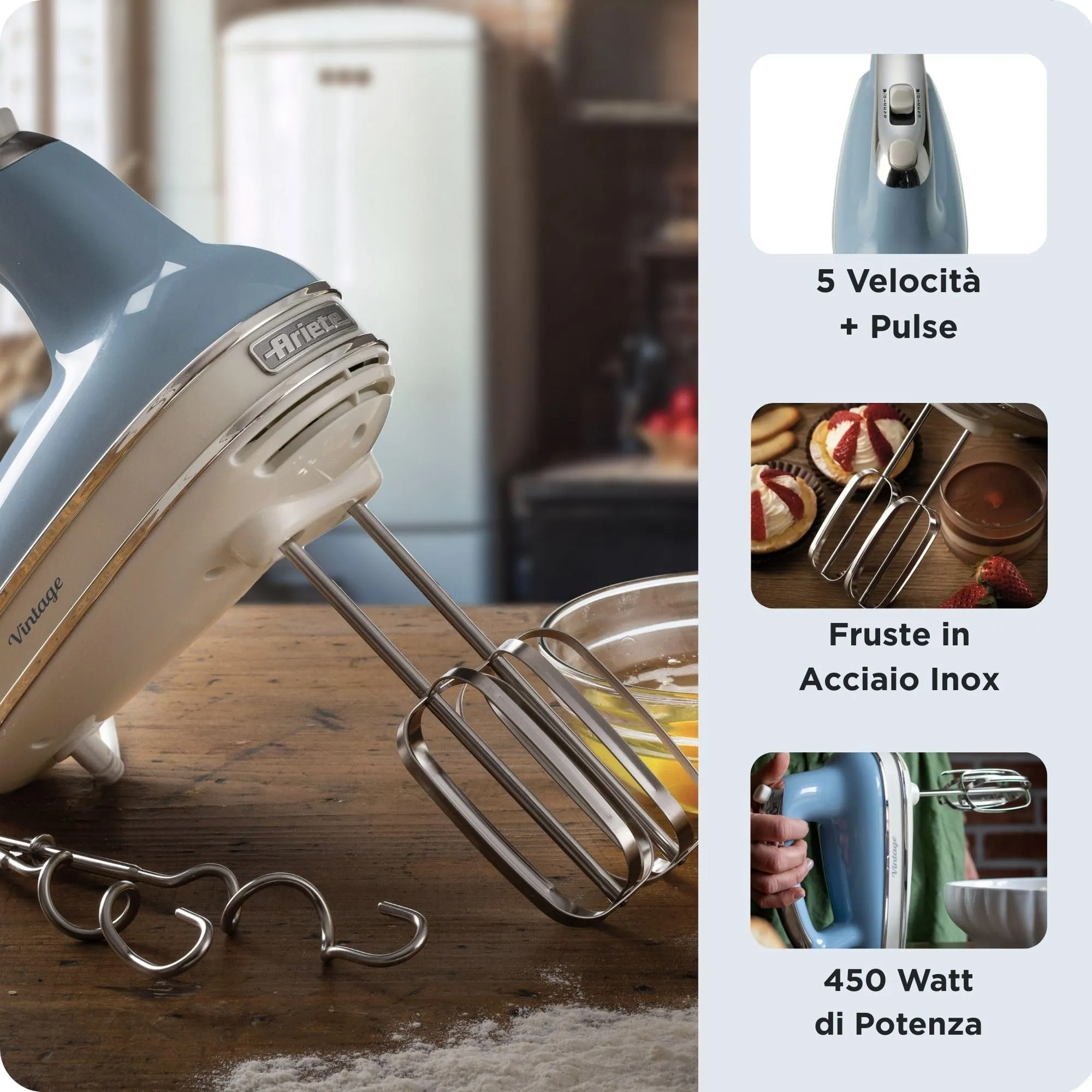 Ariete 1548 Sbattitore Vintage, 450W, 5 velocità, Funzione turbo, 2 fruste, Celeste - immagine 5