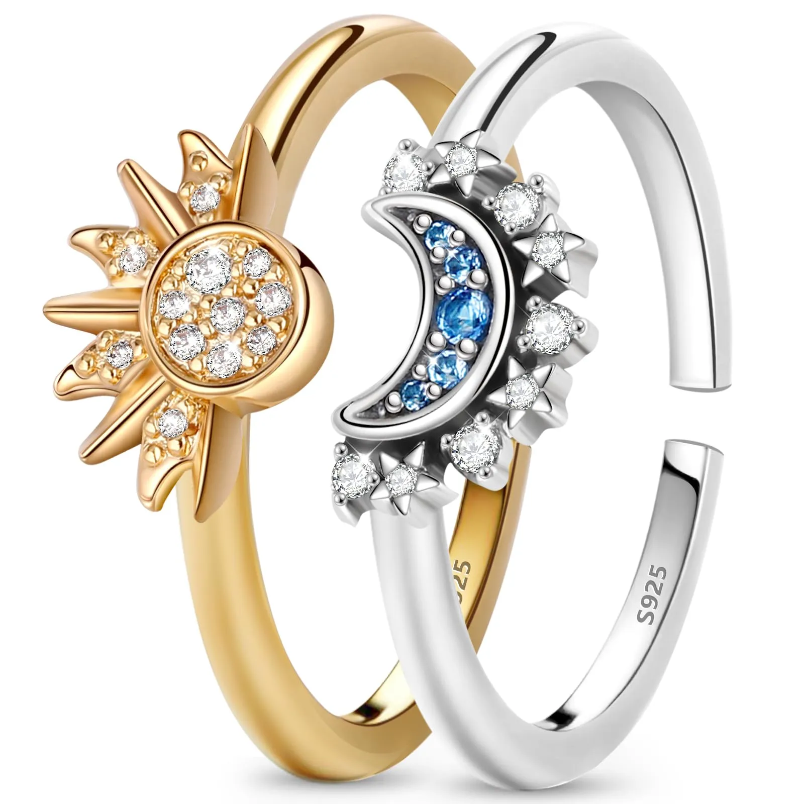 Ahokei Set Anelli Sole e Luna in Argento 925, Regolabili (Taglia 56-62) - immagine 1