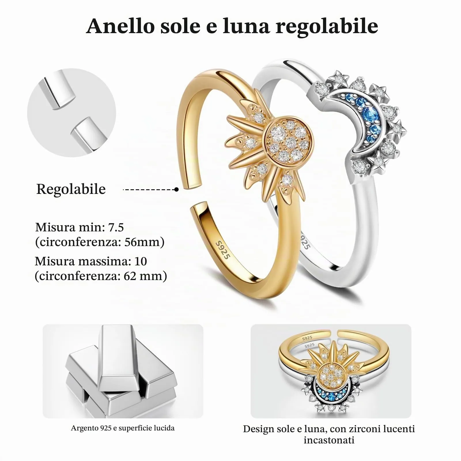 Ahokei Set Anelli Sole e Luna in Argento 925, Regolabili (Taglia 56-62) - immagine 2