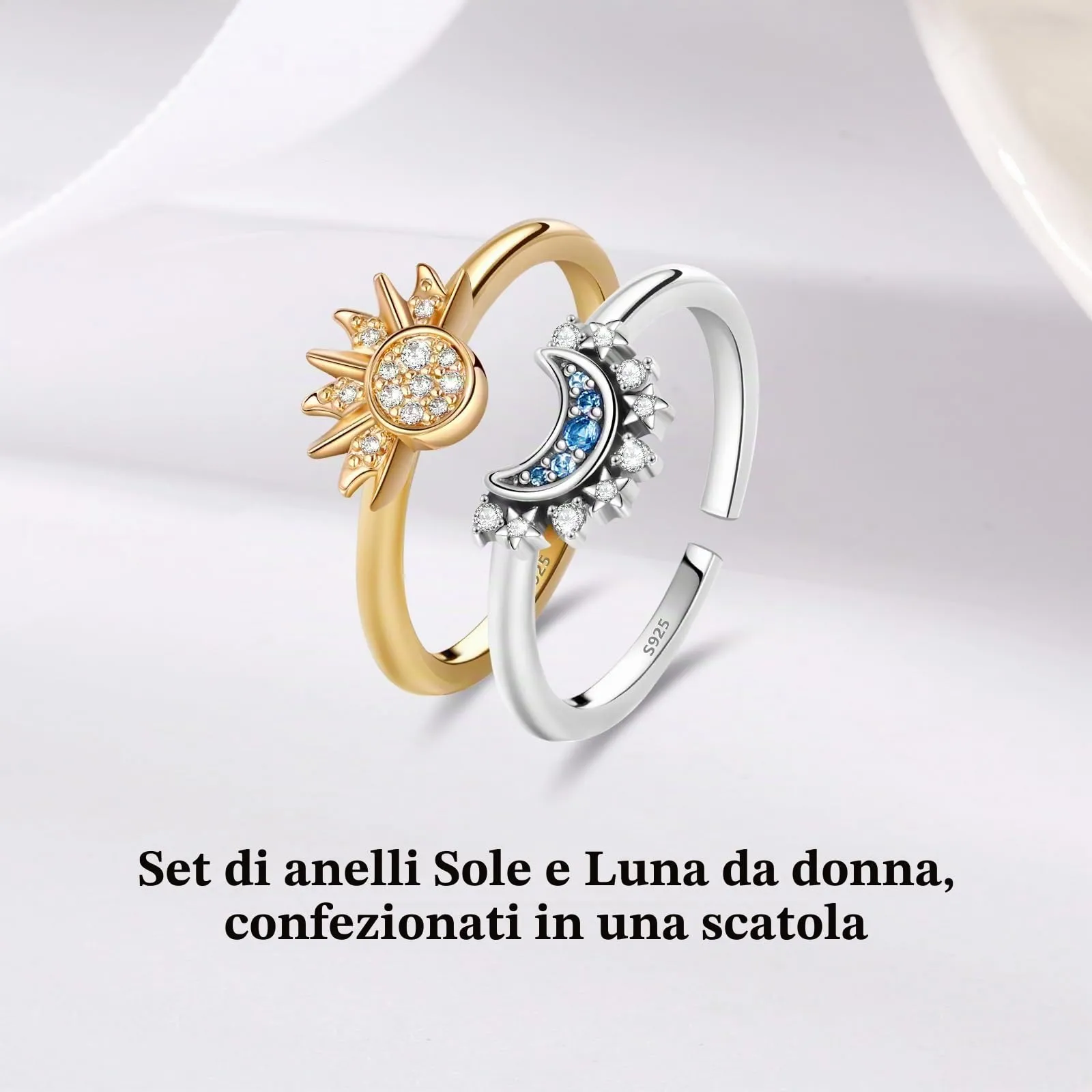Ahokei Set Anelli Sole e Luna in Argento 925, Regolabili (Taglia 56-62) - immagine 6