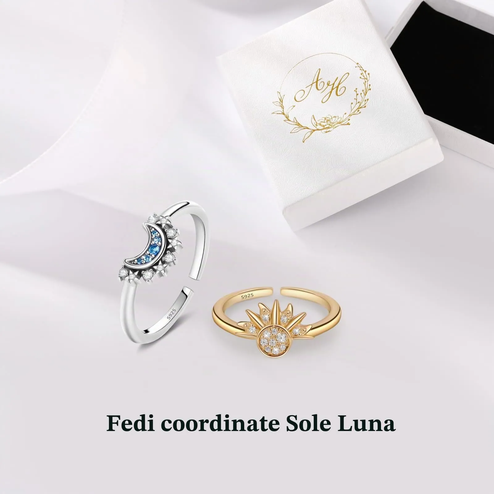 Ahokei Set Anelli Sole e Luna in Argento 925, Regolabili (Taglia 56-62) - immagine 7