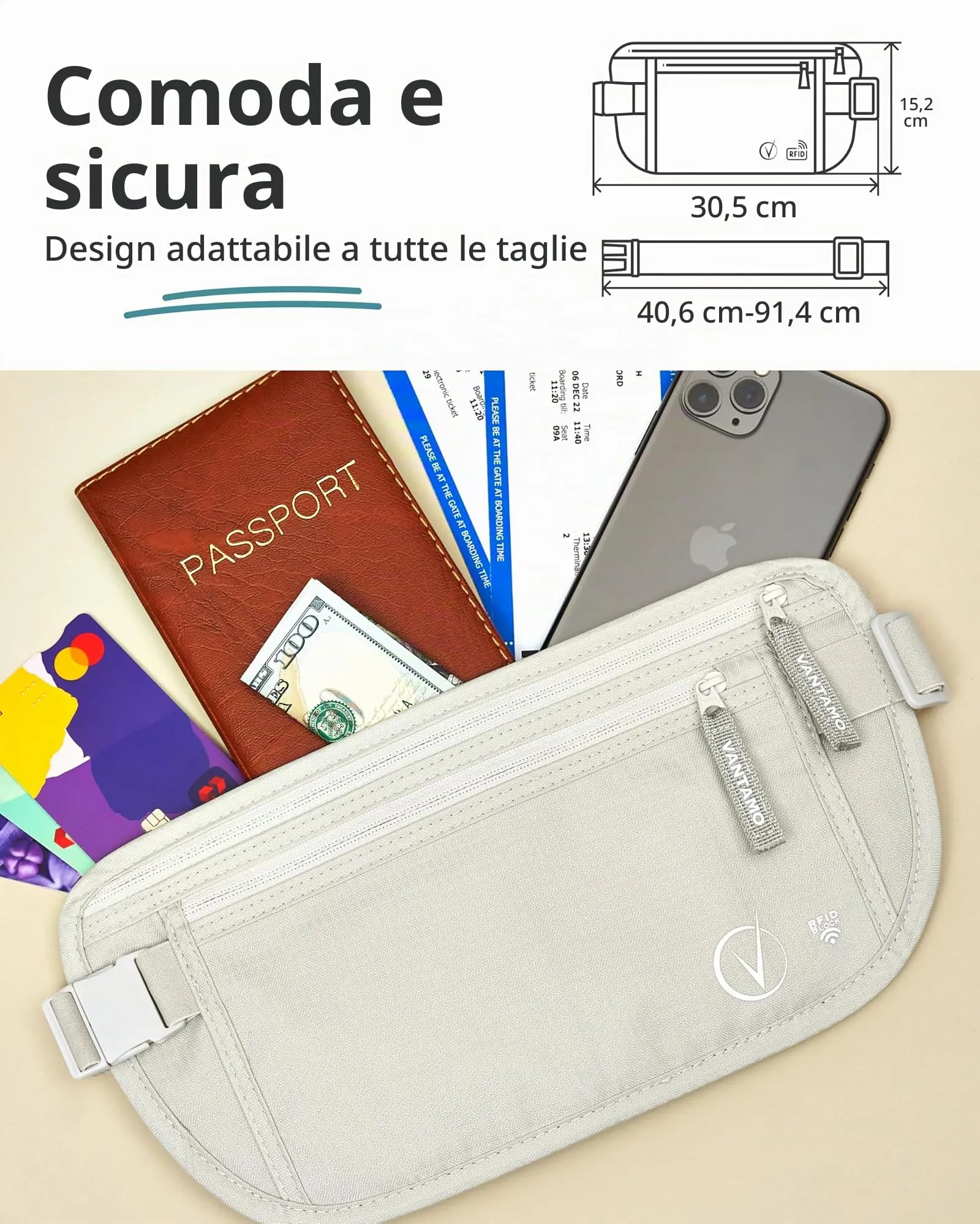 Vantamo Marsupio Ultrapiatto Unisex con Protezione RFID e Cintura Regolabile - immagine 4