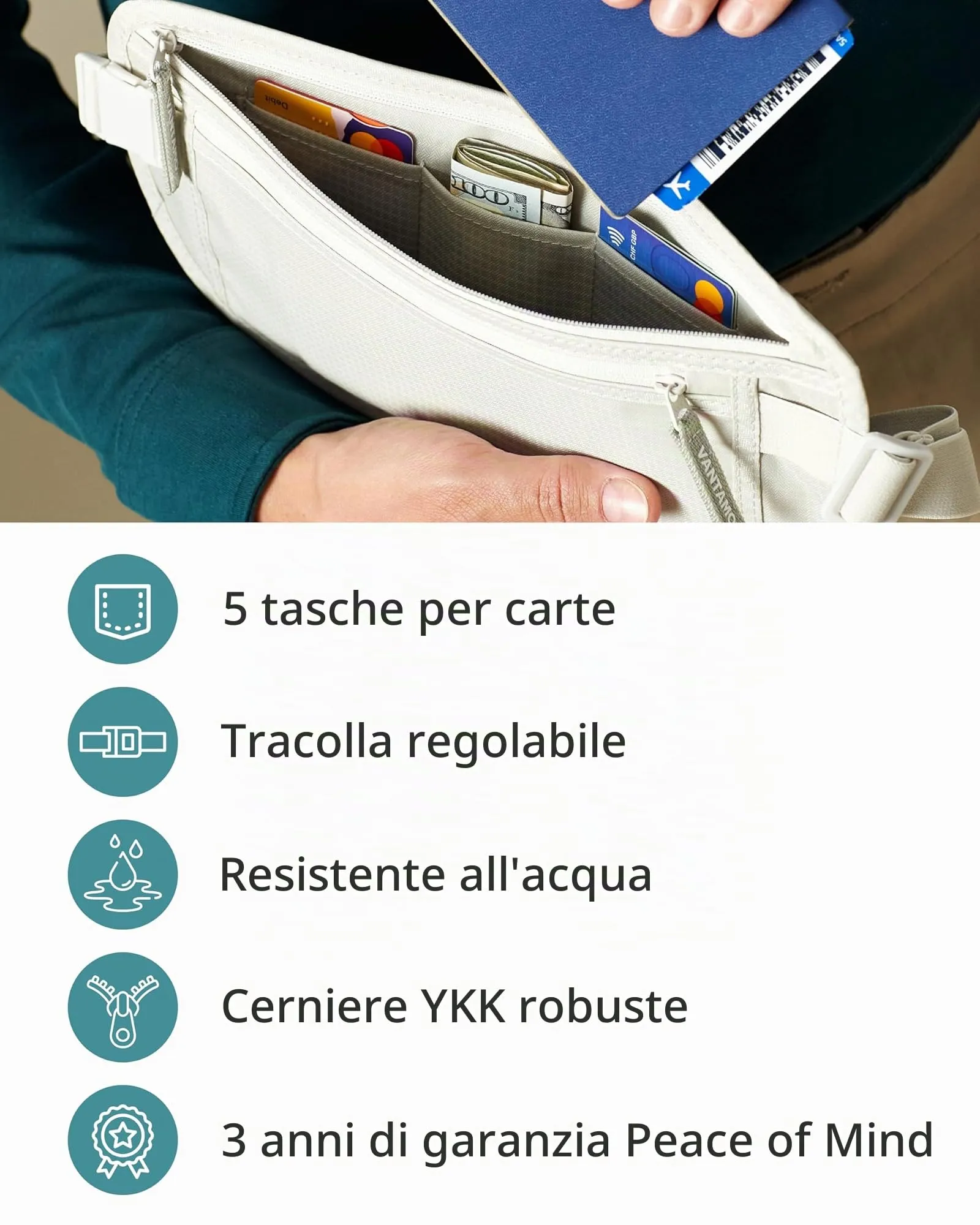 Vantamo Marsupio Ultrapiatto Unisex con Protezione RFID e Cintura Regolabile - immagine 5