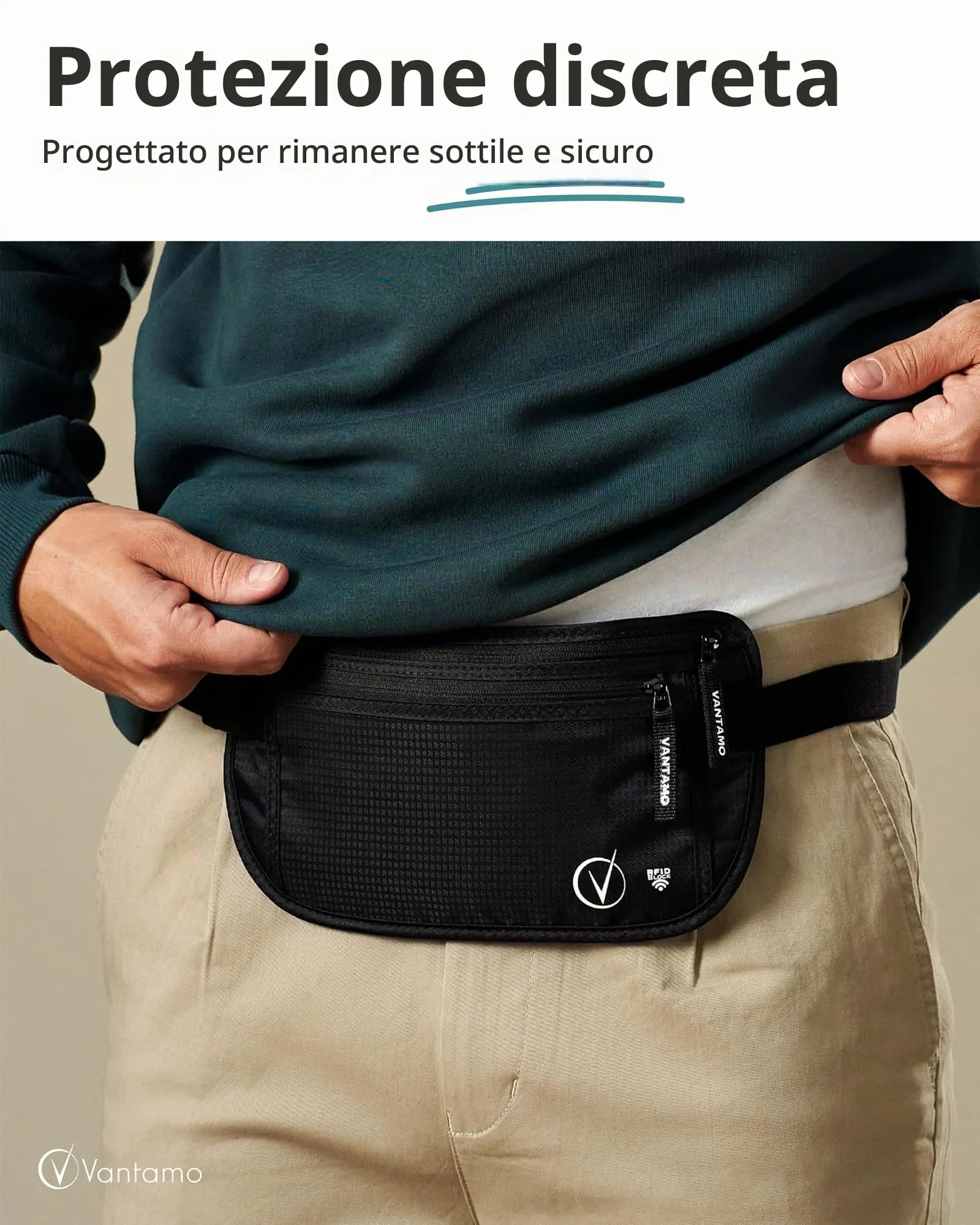 Vantamo Marsupio Ultrapiatto RFID per Uomo e Donna con Cintura Regolabile - immagine 2