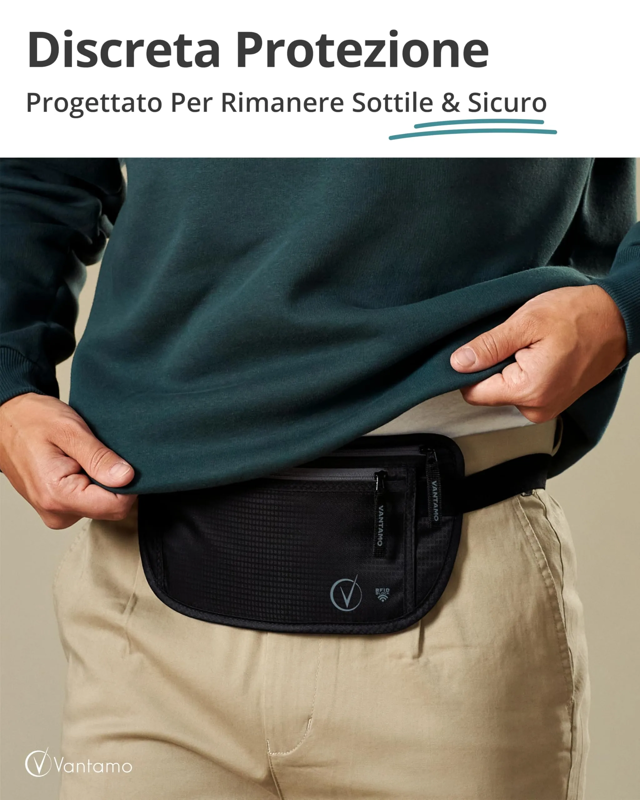 Vantamo Marsupio Ultrapiatto Unisex con Protezione RFID e Cintura Regolabile - immagine 2