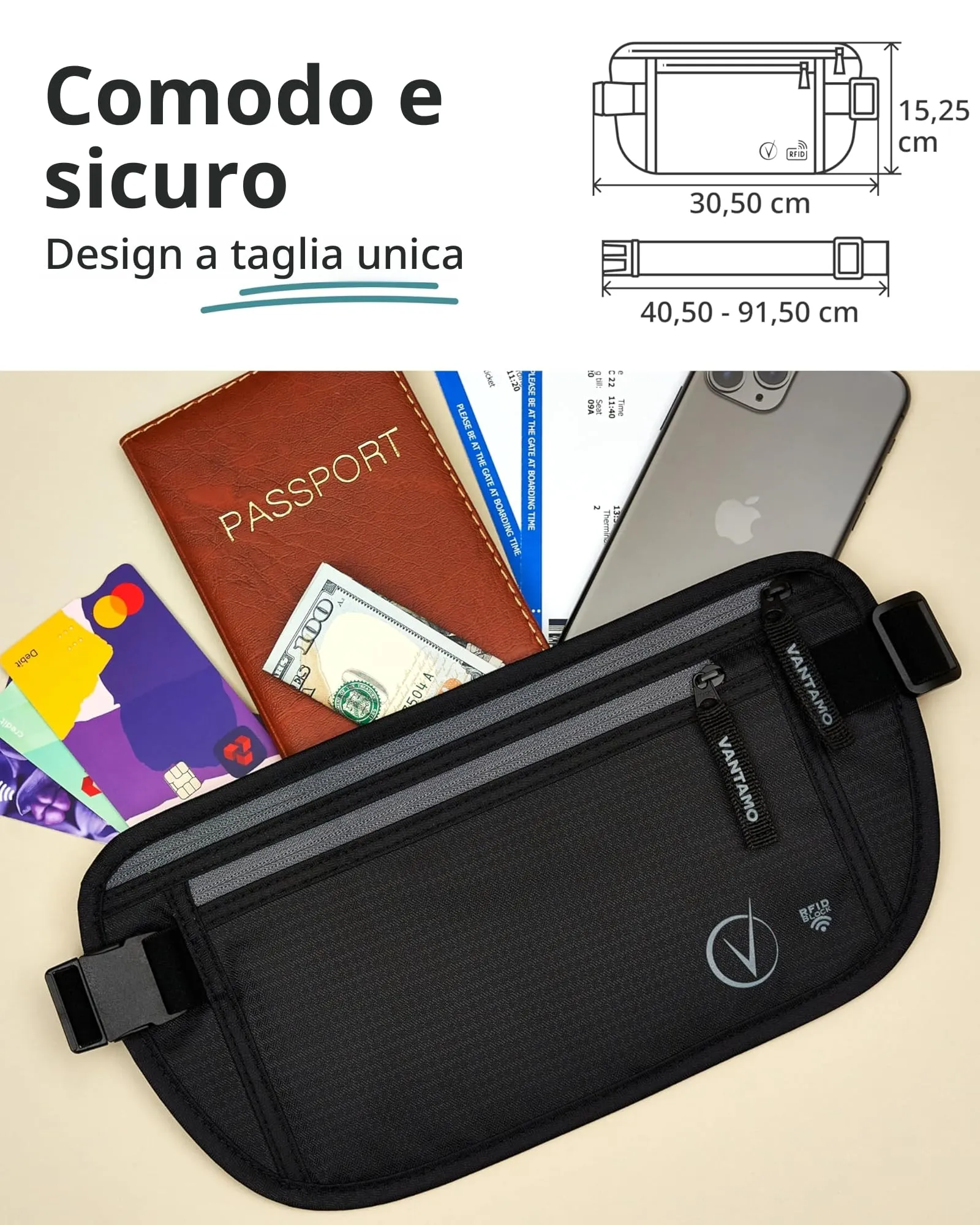 Vantamo Marsupio Ultrapiatto Unisex con Protezione RFID e Cintura Regolabile - immagine 4