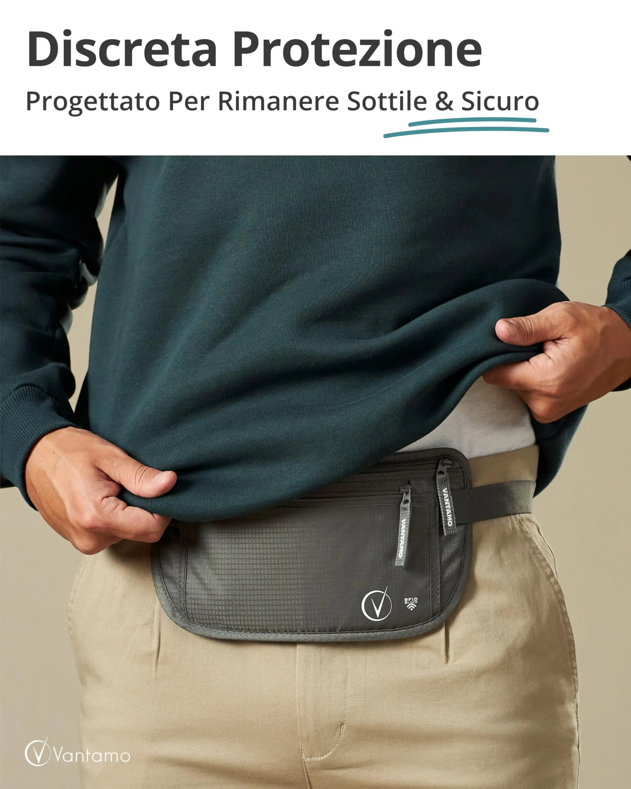 Vantamo Marsupio Ultrapiatto con Protezione RFID e Cintura Regolabile per Uomo e Donna - immagine 2