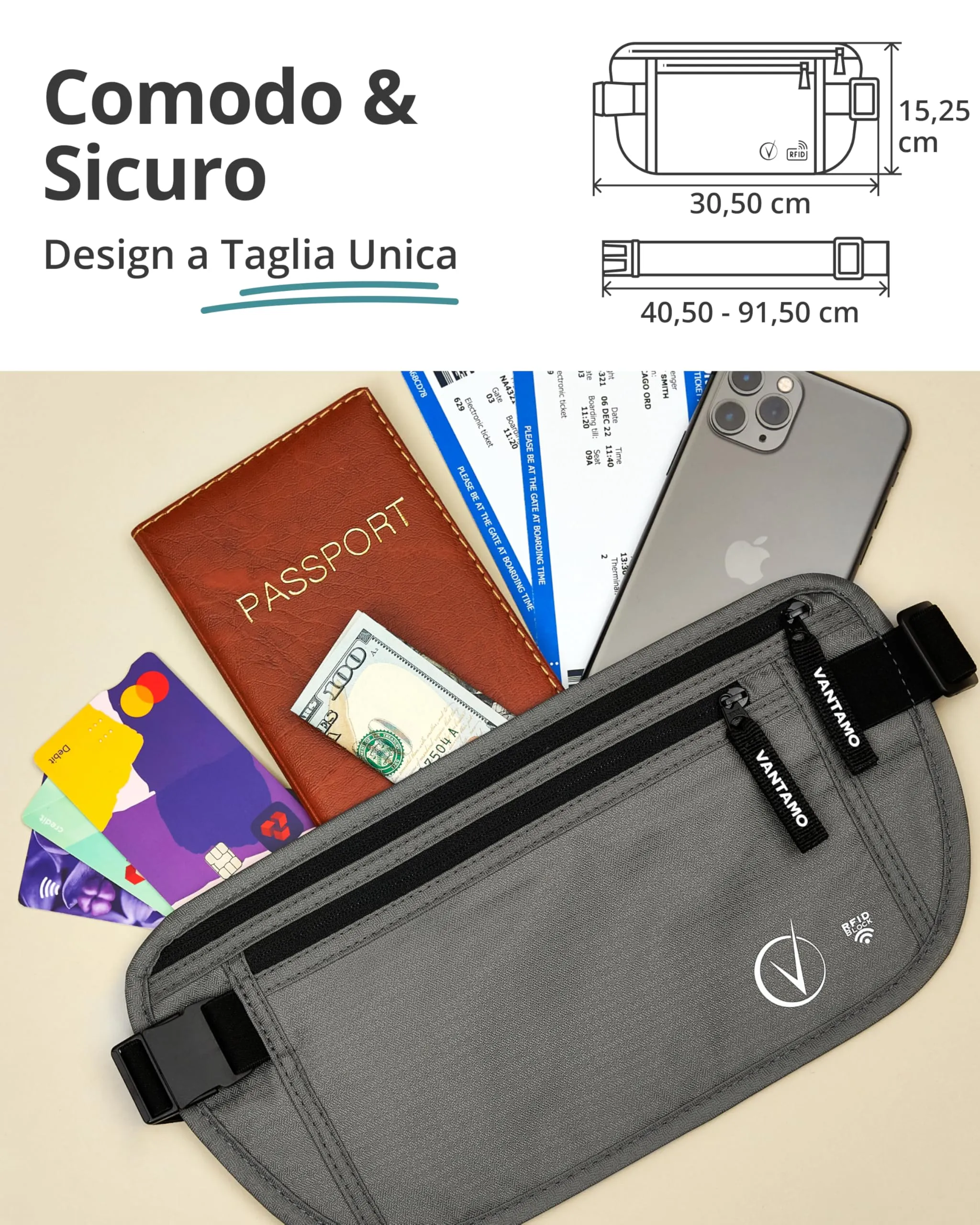 Vantamo Marsupio Ultrapiatto con Protezione RFID e Cintura Regolabile per Uomo e Donna - immagine 4