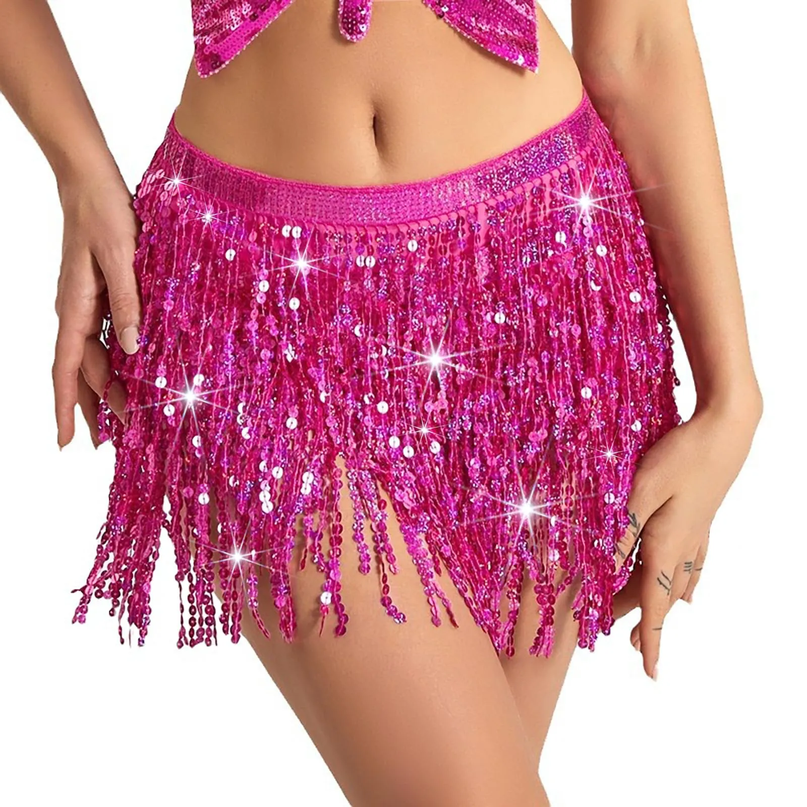 Baisdan Costume da Ballerina del Ventre con Paillettes e Frange, Rosso Rosato, Taglia Unica - immagine 1