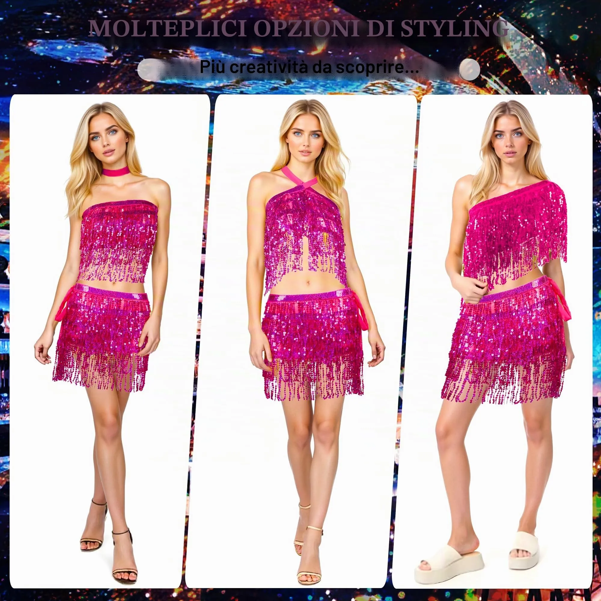 Baisdan Costume da Ballerina del Ventre con Paillettes e Frange, Rosso Rosato, Taglia Unica - immagine 2