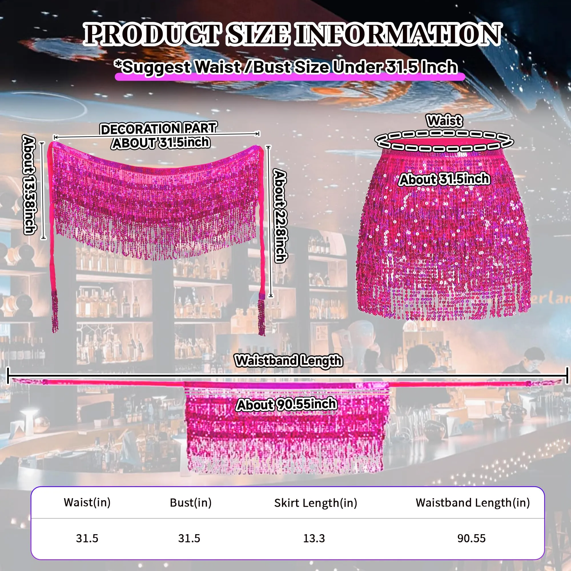 Baisdan Costume da Ballerina del Ventre con Paillettes e Frange, Rosso Rosato, Taglia Unica - immagine 3
