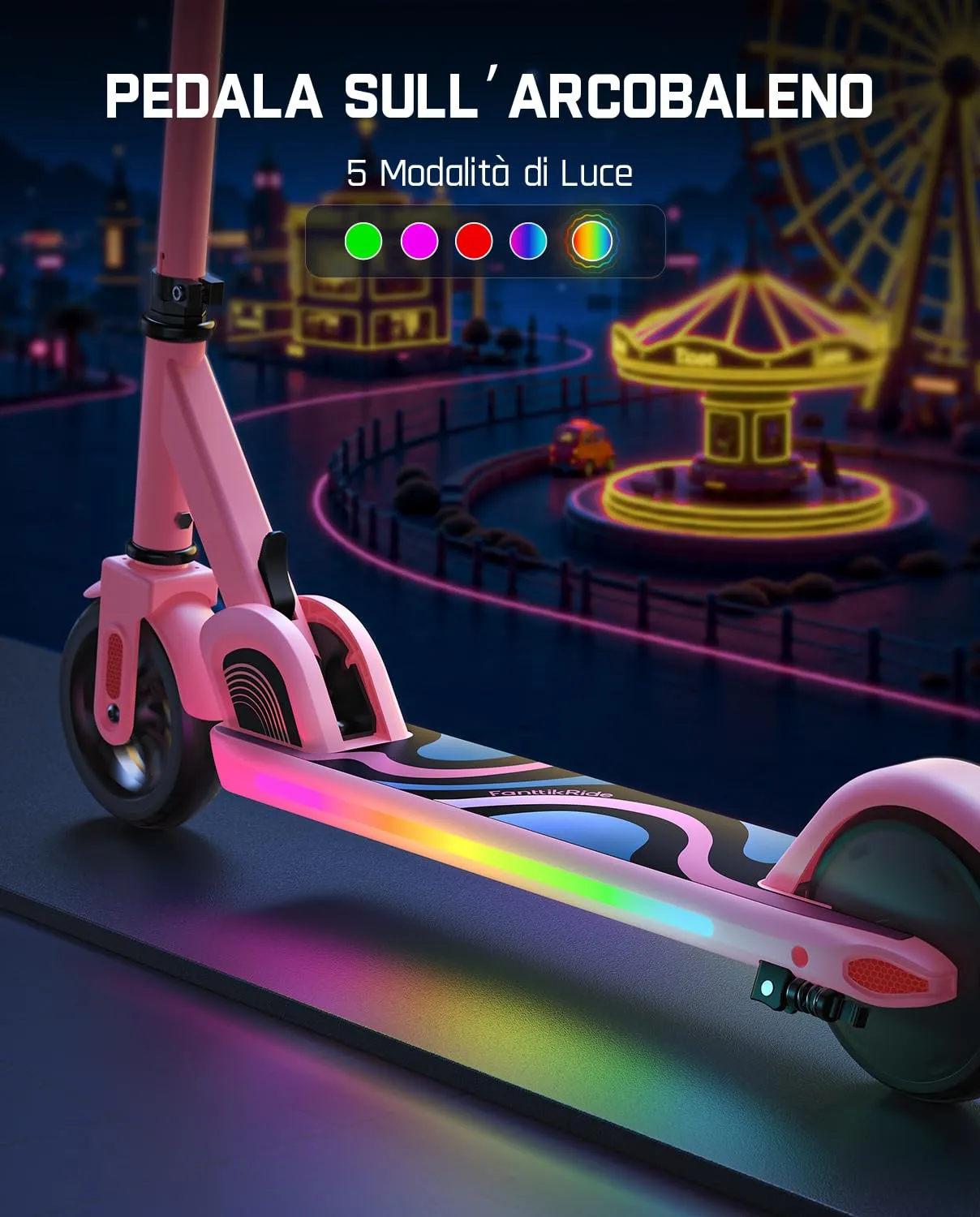 FanttikRide C9 Pro Monopattino Elettrico per Bambini, 120-160 cm, Luci Arcobaleno, 8/13/16 km/h, Autonomia 8 km, Display LED, Pieghevole, Rosa - immagine 2