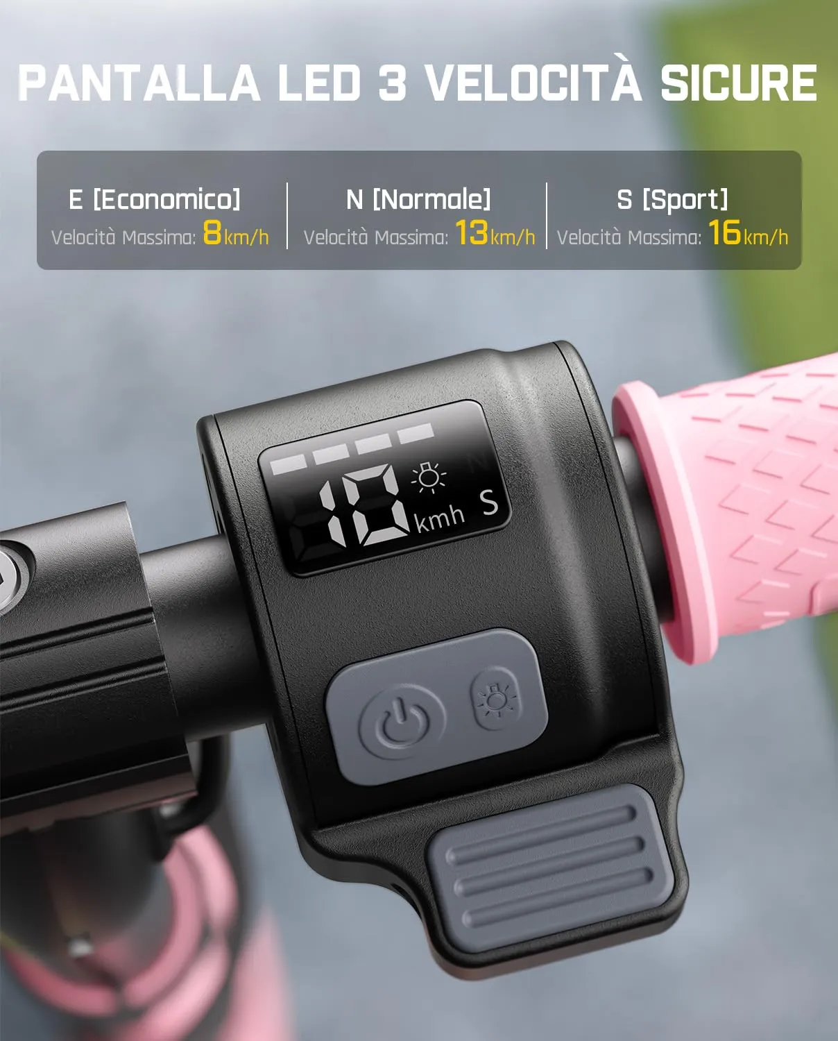 FanttikRide C9 Pro Monopattino Elettrico per Bambini, 120-160 cm, Luci Arcobaleno, 8/13/16 km/h, Autonomia 8 km, Display LED, Pieghevole, Rosa - immagine 3