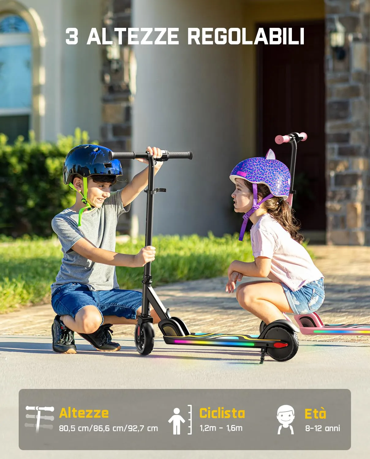 FanttikRide C9 Pro Monopattino Elettrico per Bambini, 120-160 cm, Luci Arcobaleno, 8/13/16 km/h, Autonomia 8 km, Display LED, Pieghevole, Rosa - immagine 4