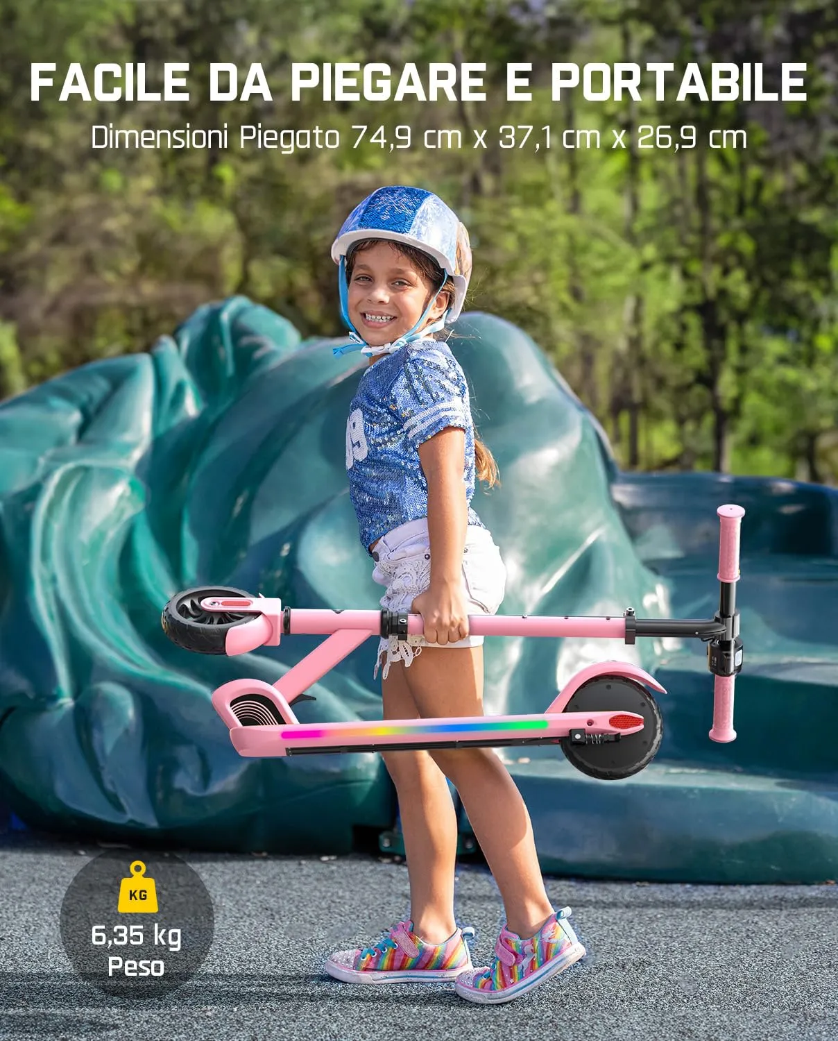 FanttikRide C9 Pro Monopattino Elettrico per Bambini, 120-160 cm, Luci Arcobaleno, 8/13/16 km/h, Autonomia 8 km, Display LED, Pieghevole, Rosa - immagine 5
