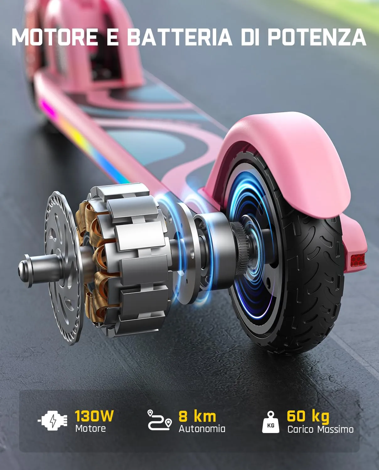 FanttikRide C9 Pro Monopattino Elettrico per Bambini, 120-160 cm, Luci Arcobaleno, 8/13/16 km/h, Autonomia 8 km, Display LED, Pieghevole, Rosa - immagine 7