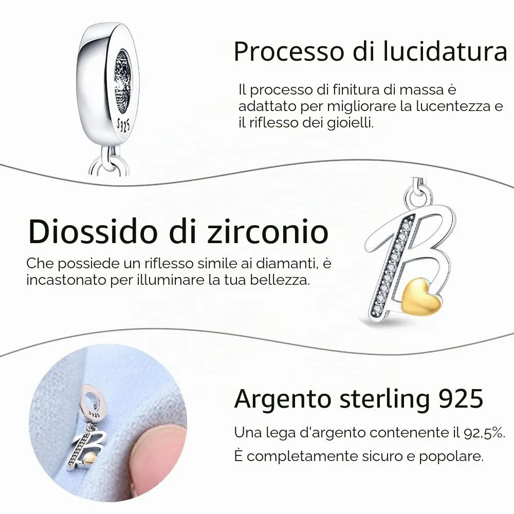TINSLO Bead Charm Lettere in Argento Sterling 925 con Cubic Zirconia per Braccialetti e Collane europei - immagine 3
