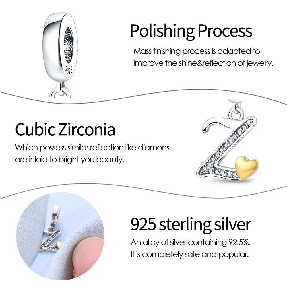 TINSLO Lettere Bead Charm in Argento Sterling 925 con Cubic Zirconia, Compatibile con Braccialetti e Collane Pandora e Europei - immagine 3