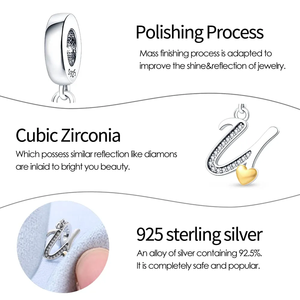 TINSLO Bead Charm Argento Sterling 925 Lettere con Cubic Zirconia per Pandora Braccialetti e Collane Europee - immagine 3