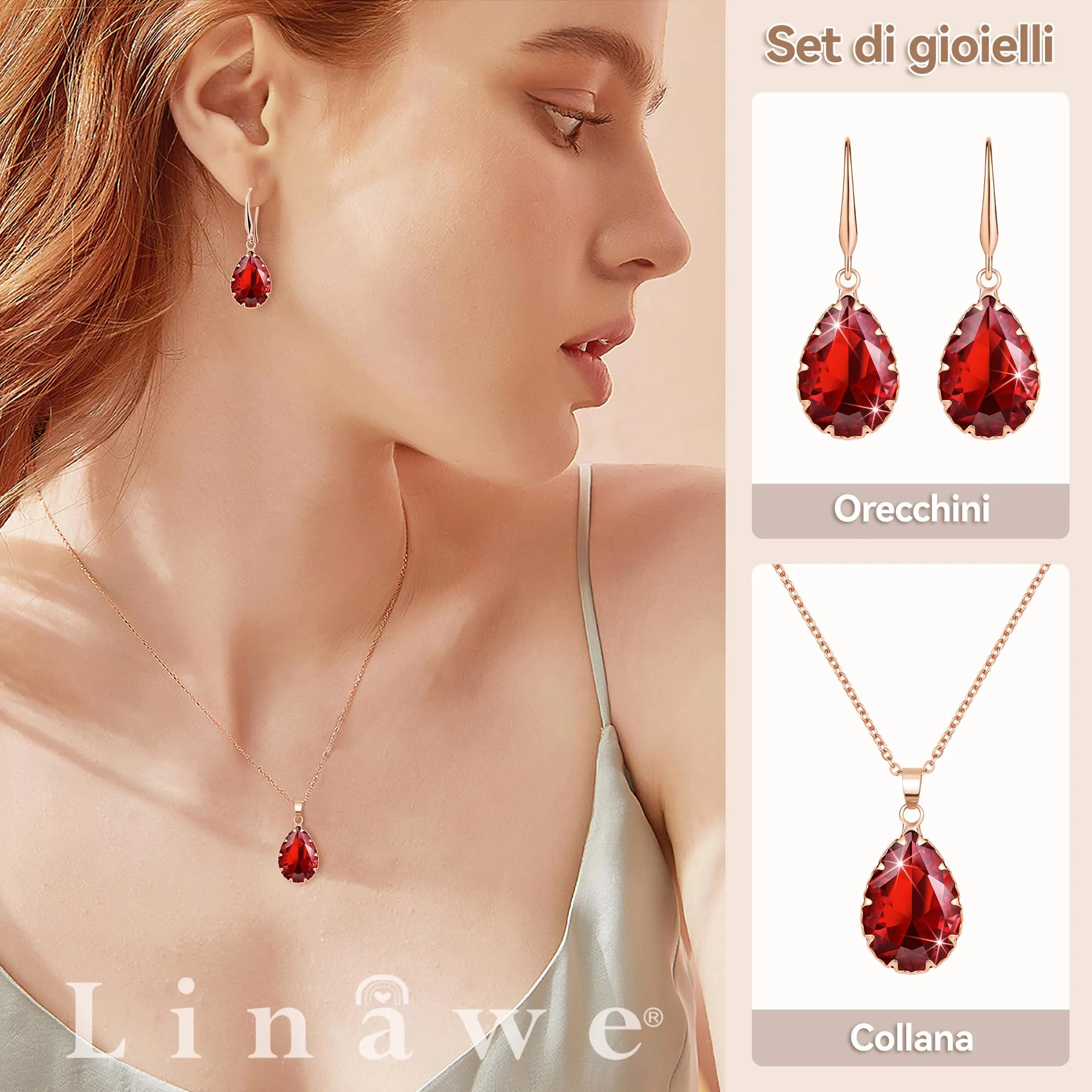Linawe Set di Gioielli in Oro Rosa con Rubino, Collana e Orecchini Pendenti - immagine 2
