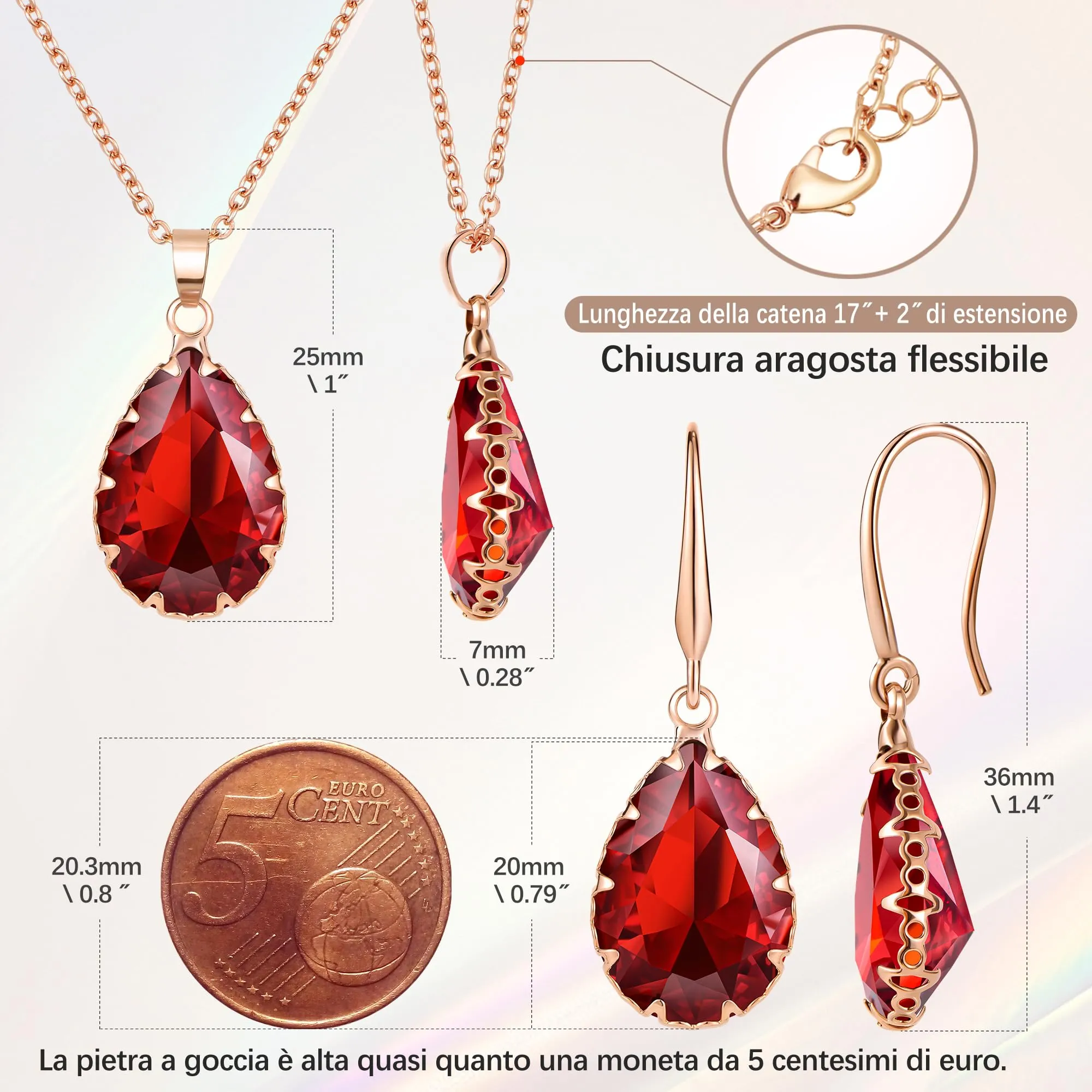 Linawe Set di Gioielli in Oro Rosa con Rubino, Collana e Orecchini Pendenti - immagine 4