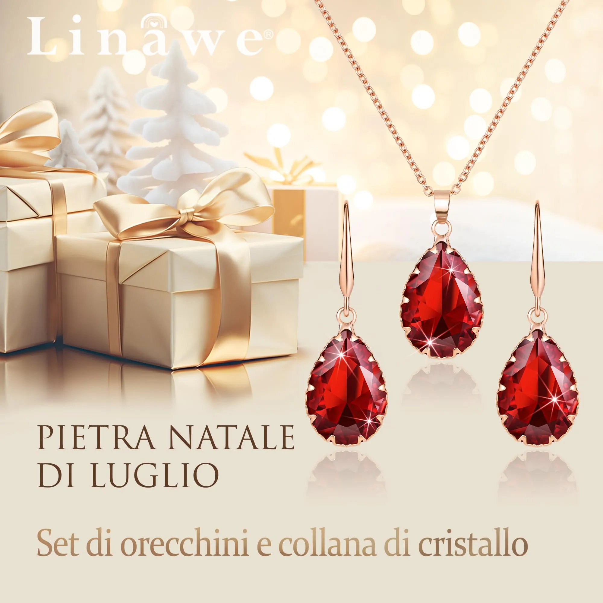 Linawe Set di Gioielli in Oro Rosa con Rubino, Collana e Orecchini Pendenti - immagine 5