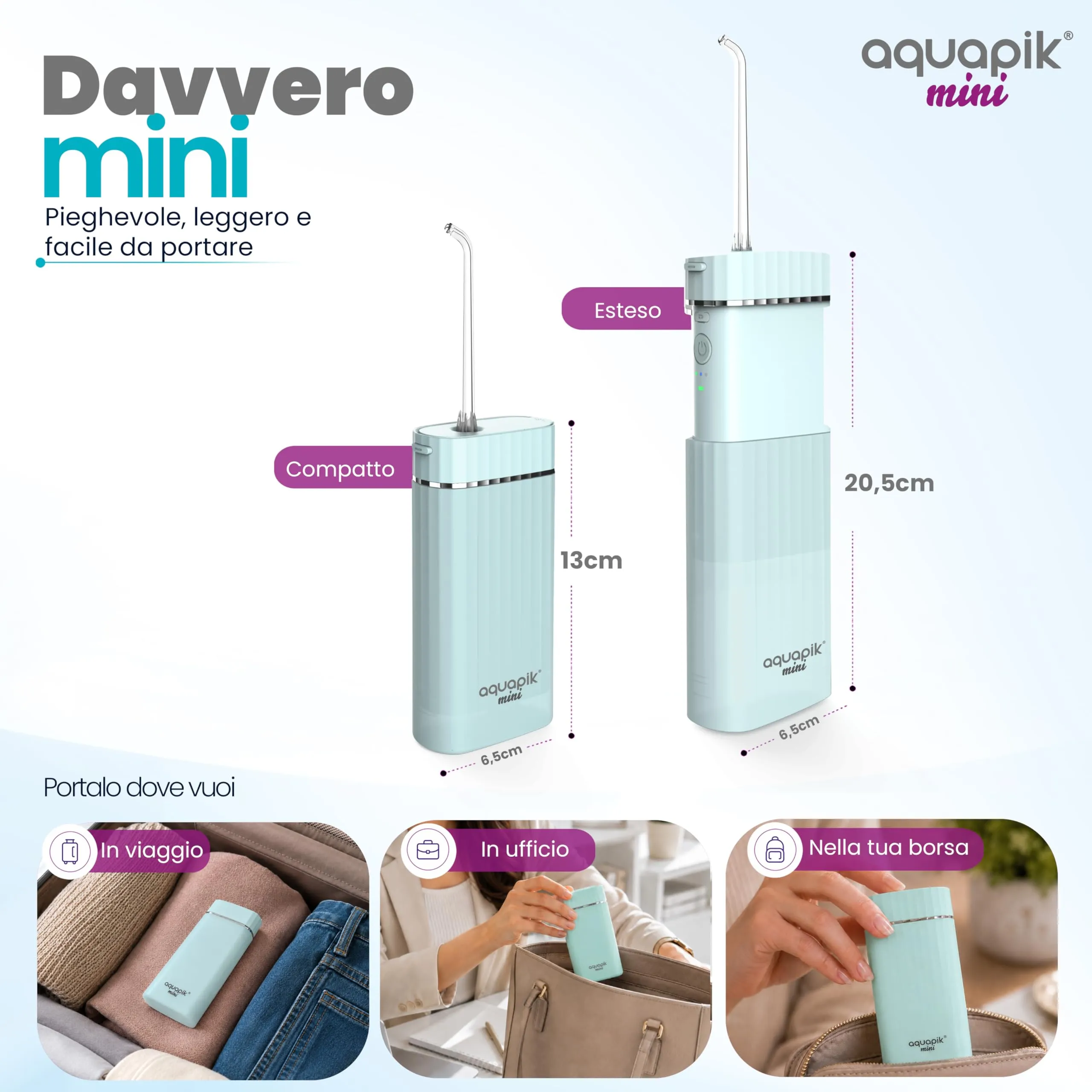 Boston Tech Aquapik Mini Idropulsore Dentale Portatile 200ml USB-C 3 Modalità IPX8 - immagine 3