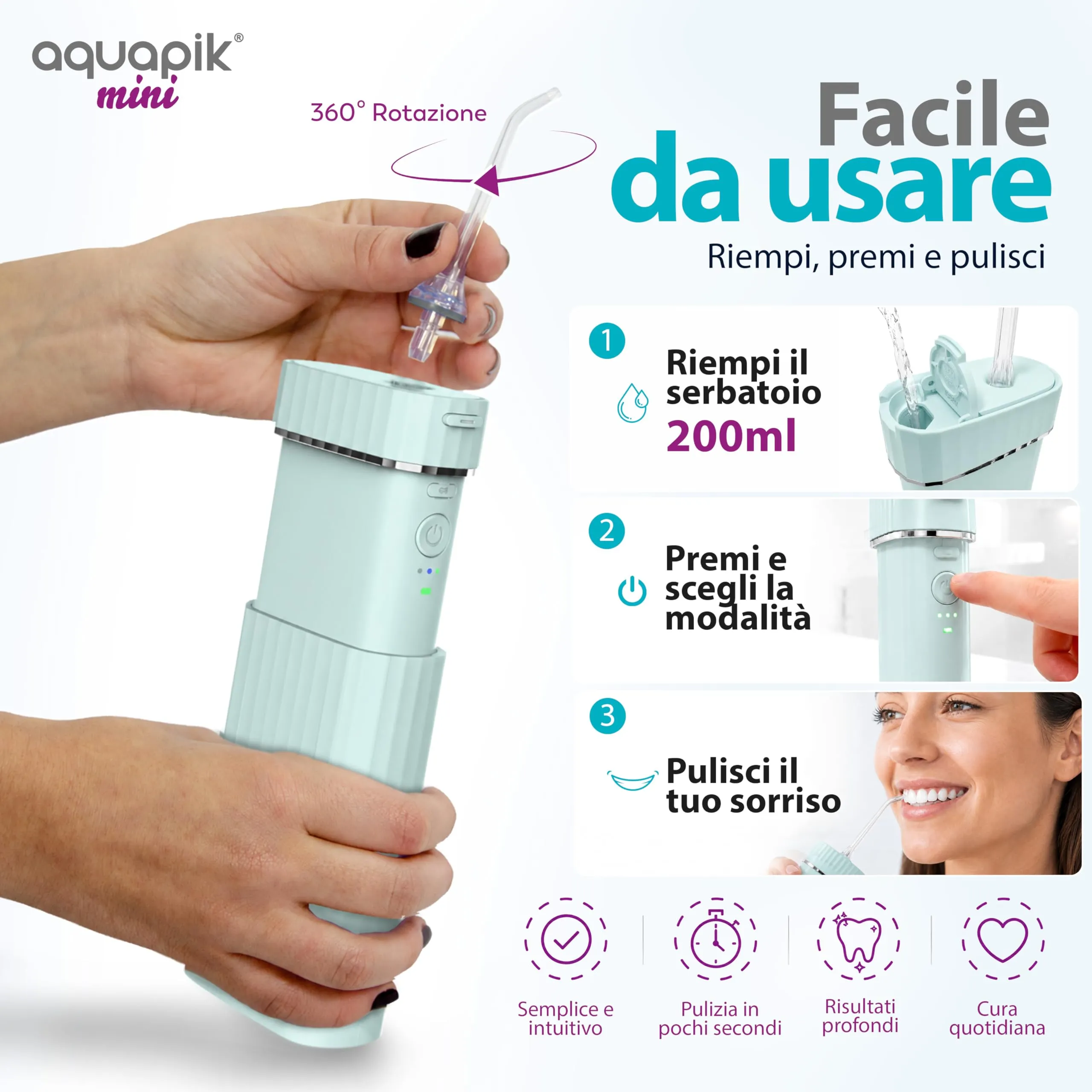 Boston Tech Aquapik Mini Idropulsore Dentale Portatile 200ml USB-C 3 Modalità IPX8 - immagine 4