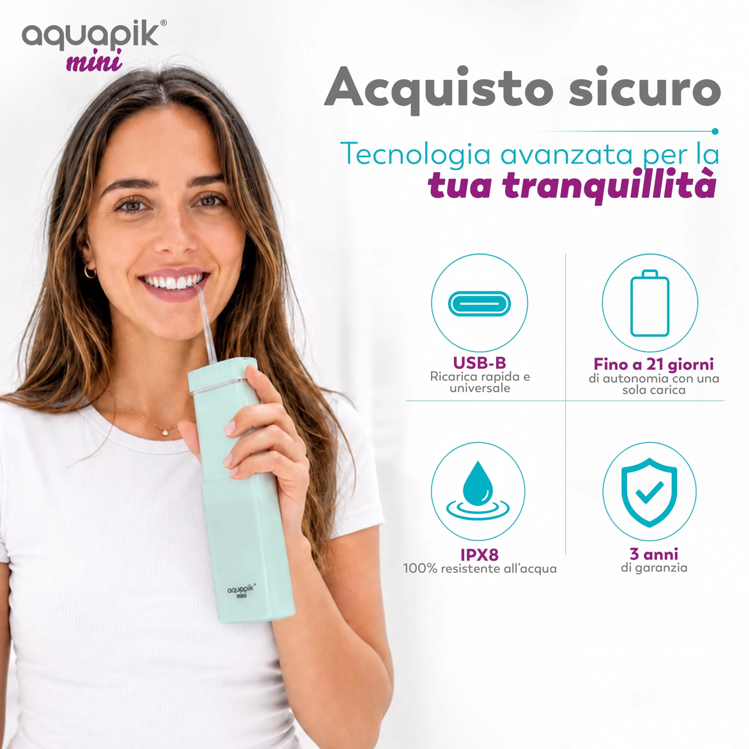 Boston Tech Aquapik Mini Idropulsore Dentale Portatile 200ml USB-C 3 Modalità IPX8 - immagine 7