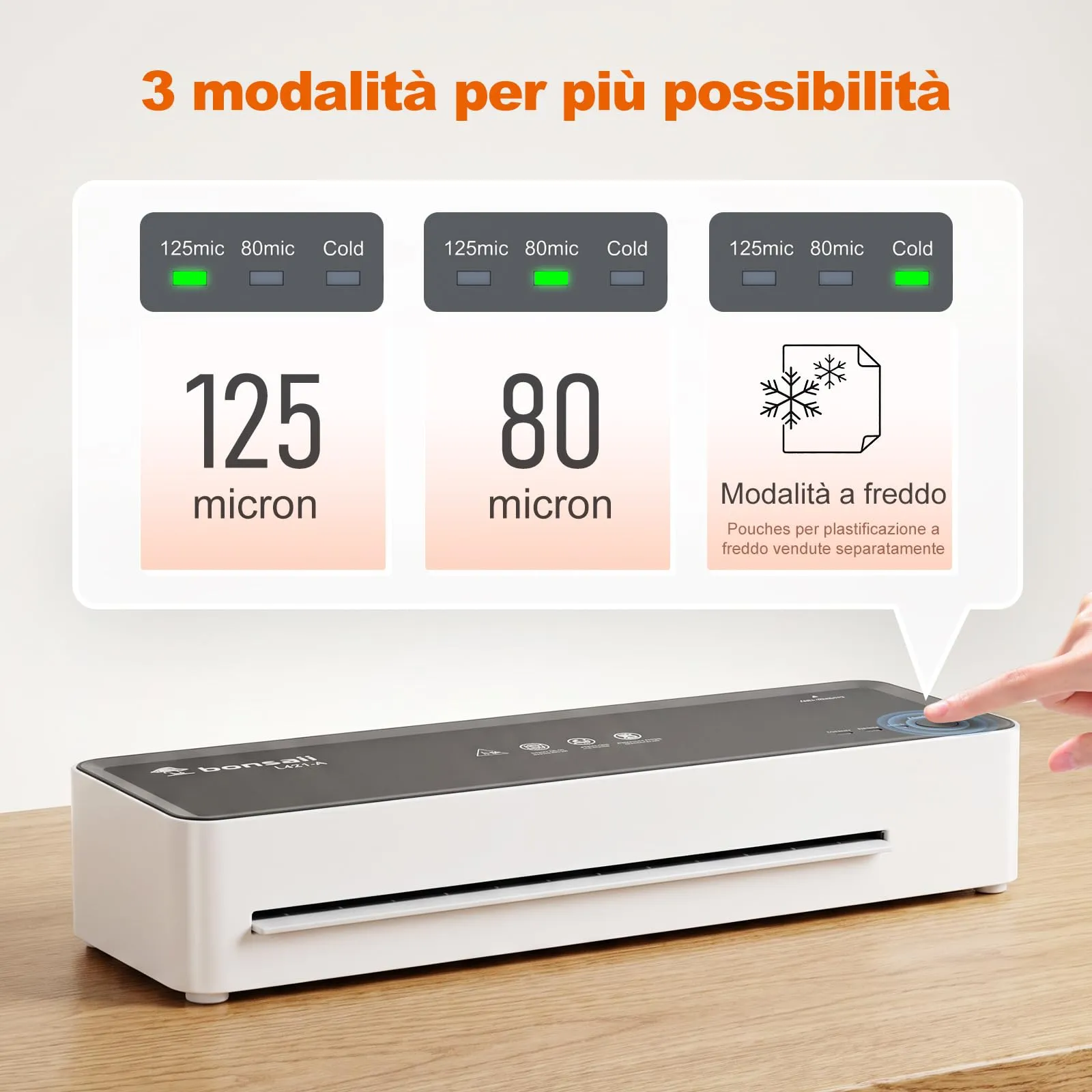 Bonsaii Plastificatrice A4 L421-A, Funzione ABS, 80-125 Micron - immagine 3
