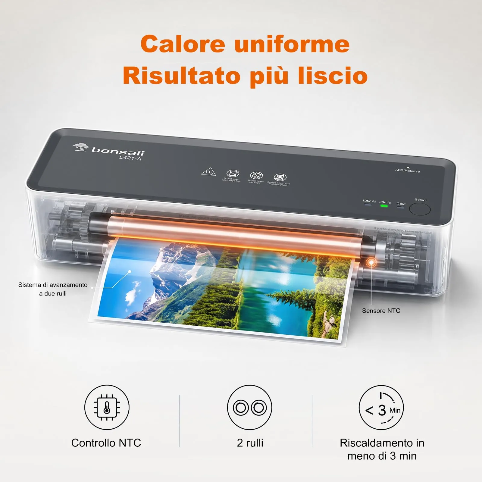 Bonsaii Plastificatrice A4 L421-A, Funzione ABS, 80-125 Micron - immagine 5