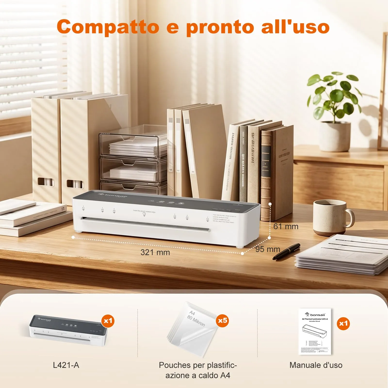 Bonsaii Plastificatrice A4 L421-A, Funzione ABS, 80-125 Micron - immagine 8