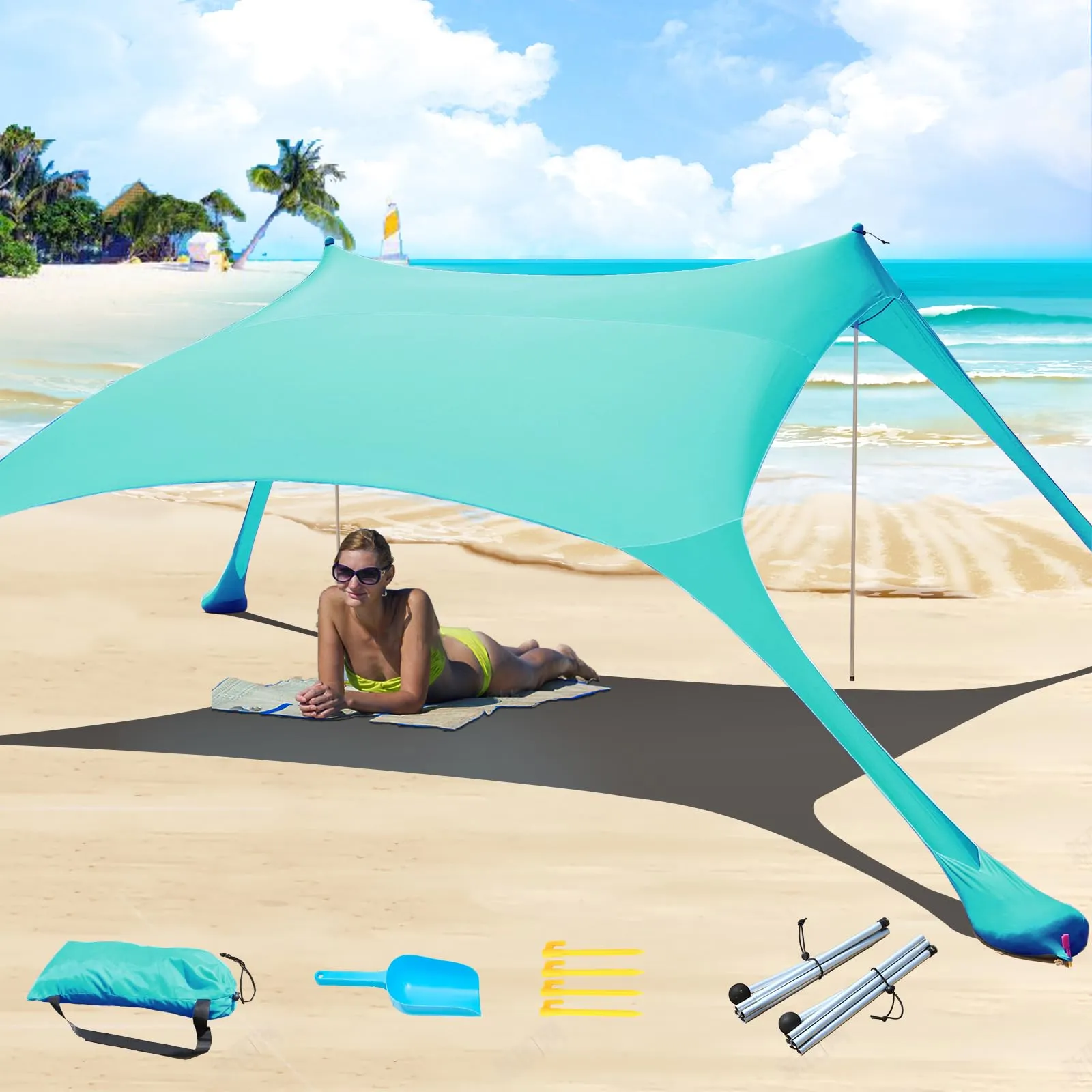 Cuupo Tenda da spiaggia pop-up in lycra, 2 x 2,1 m, SPF 50, turchese - immagine 1
