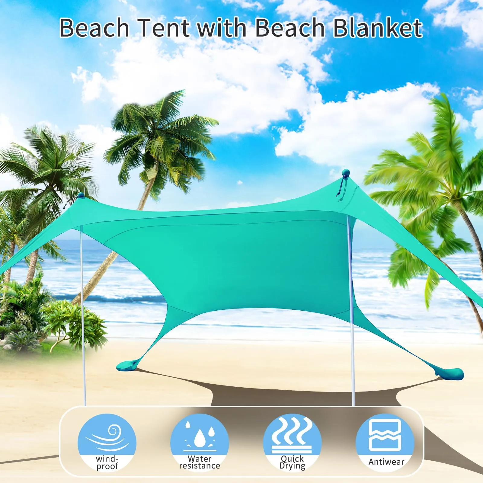 Cuupo Tenda da spiaggia pop-up in lycra, 2 x 2,1 m, SPF 50, turchese - immagine 2