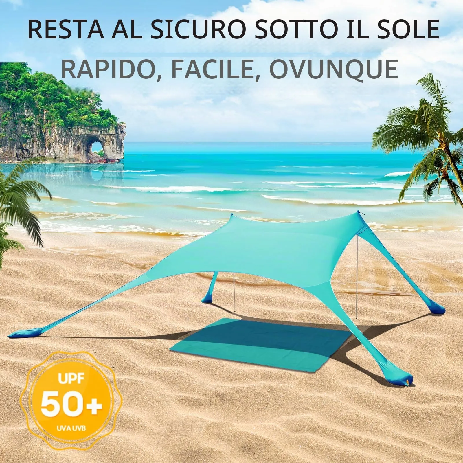 Cuupo Tenda da spiaggia pop-up in lycra, 2 x 2,1 m, SPF 50, turchese - immagine 3