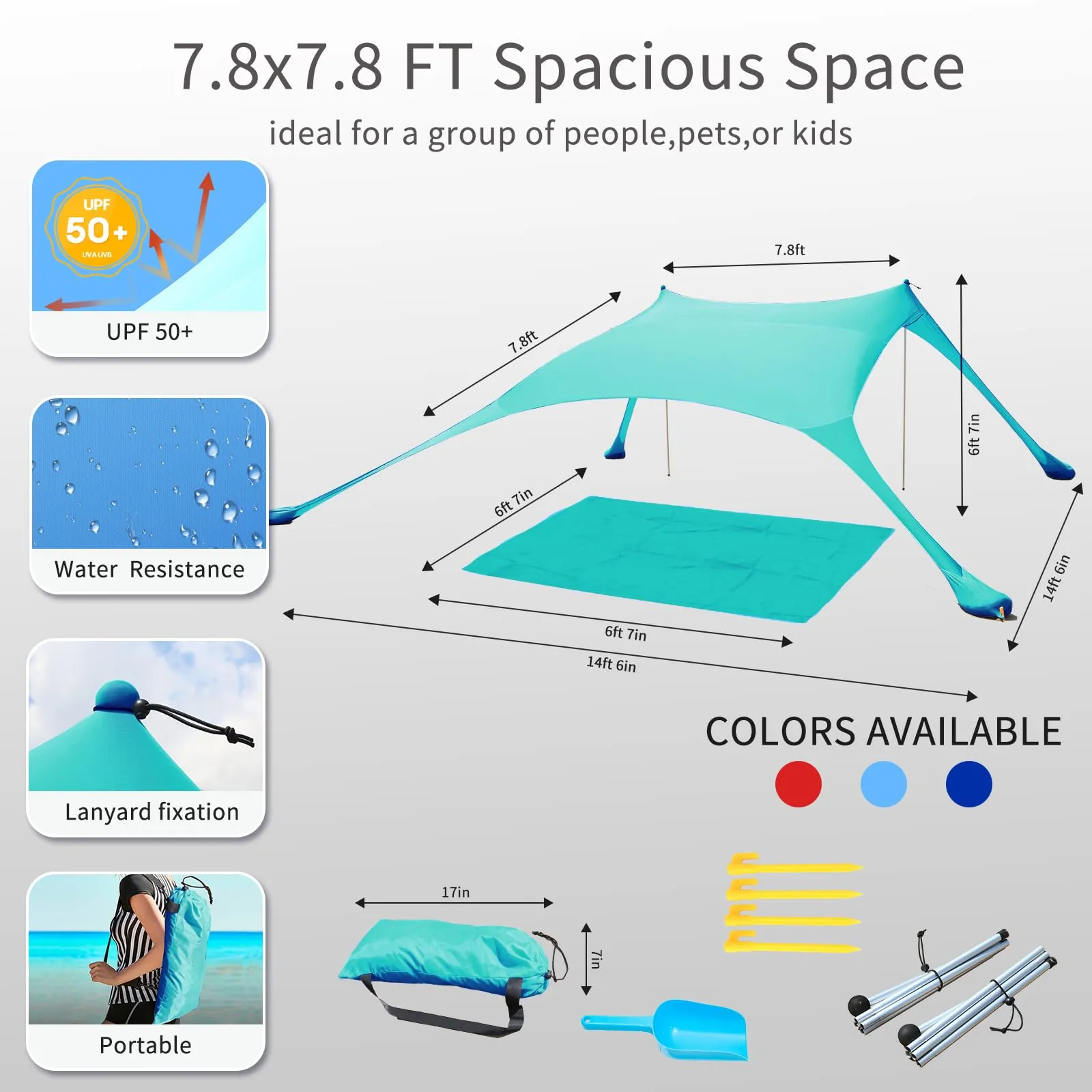 Cuupo Tenda da spiaggia pop-up in lycra, 2 x 2,1 m, SPF 50, turchese - immagine 5